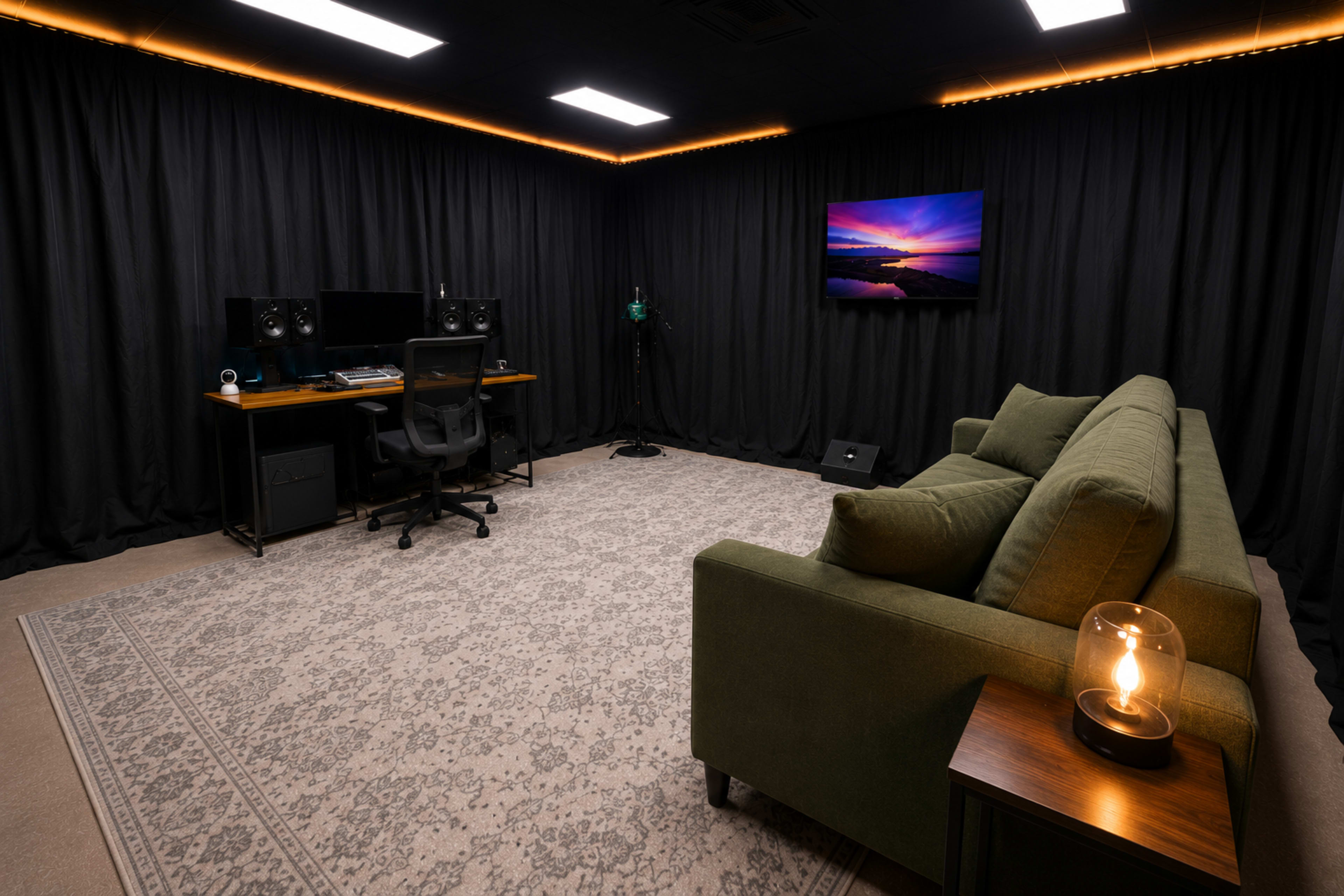 The image shows a modern recording studio with a green sofa, a wooden desk with computer equipment, and a large screen on the wall, all surrounded by black curtains.