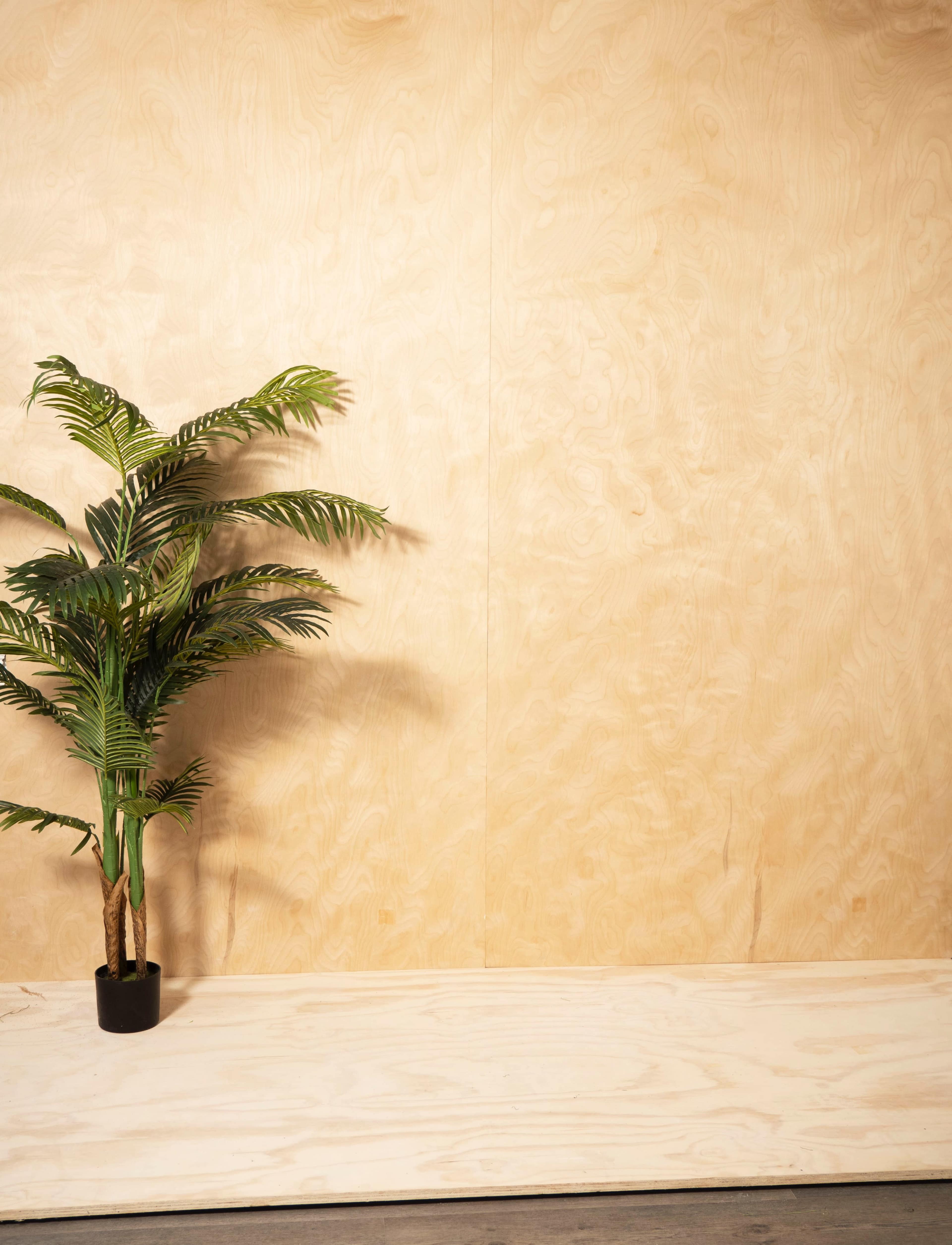 A potted faux plant stands against a plain wooden wall with a light-colored wooden shelf below it.
