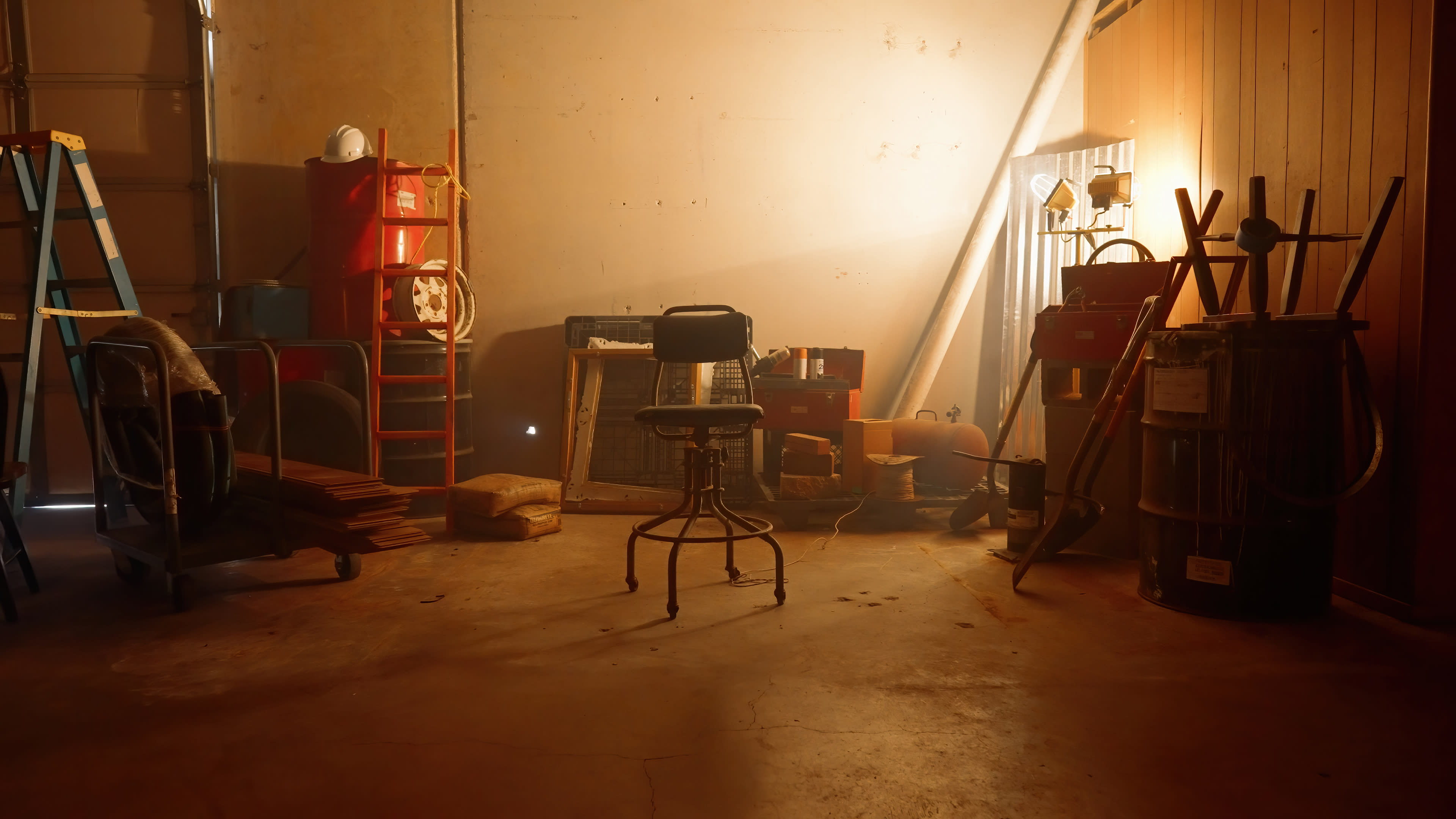 The scene depicts a dimly lit, cluttered workshop with various tools, equipment, and a central stool surrounded by shelving and a ladder.