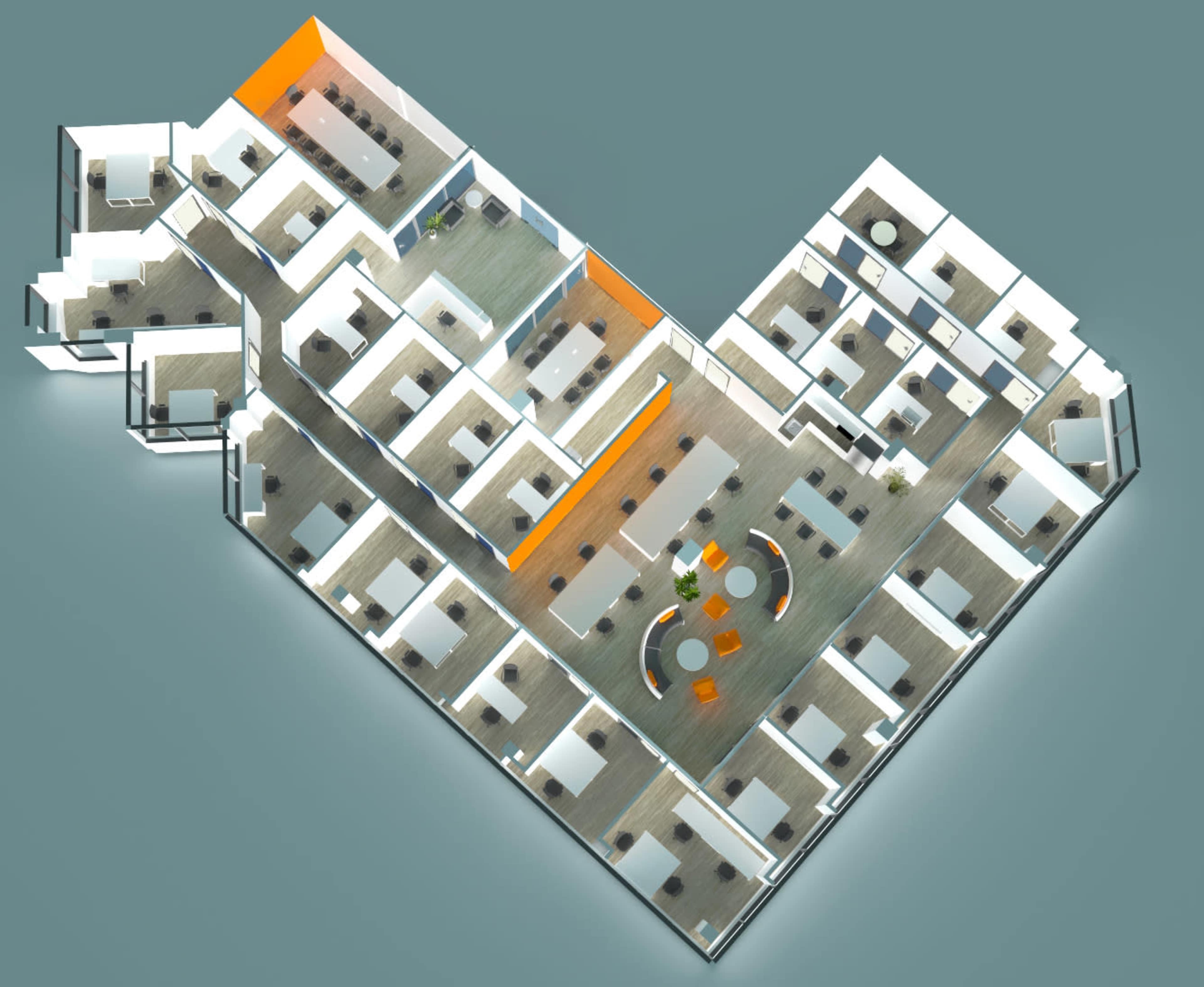 A floor plan of an office layout designed in the shape of a heart, featuring various workstations, meeting rooms, and collaborative spaces.