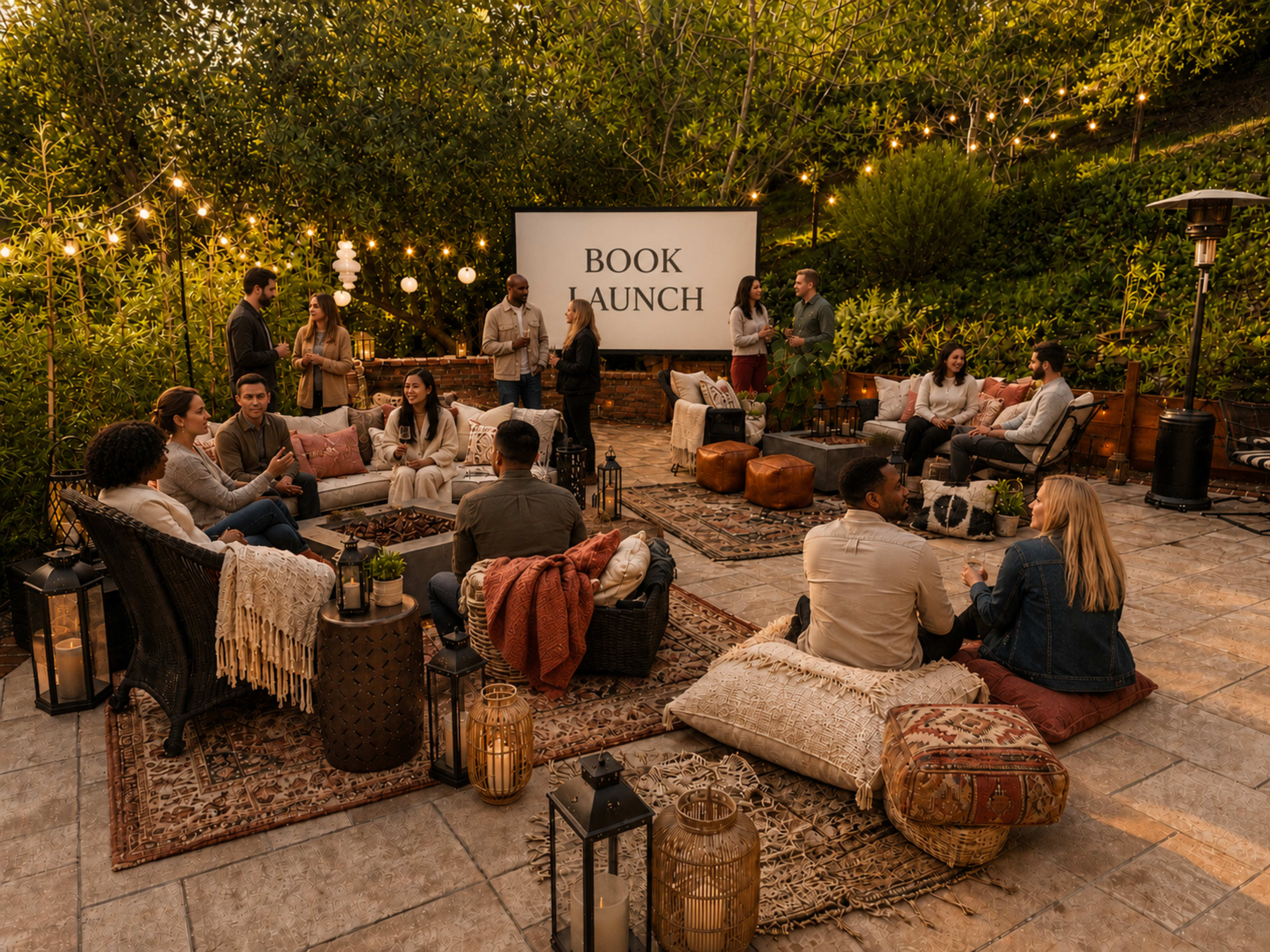 A gathering of people at an outdoor patio is set up for a book launch, featuring seating areas, decorative rugs, and string lights.