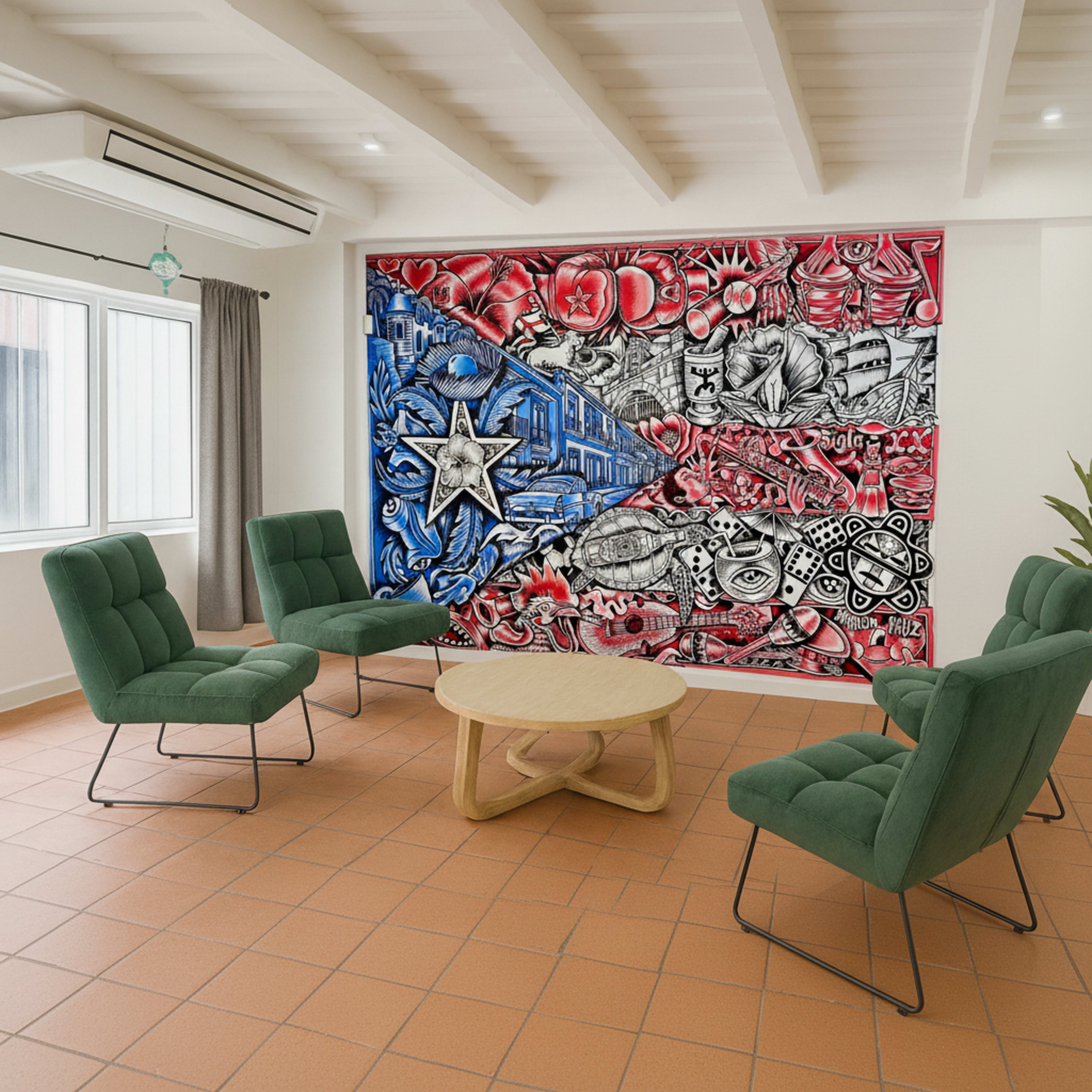 The image shows a modern sitting area with four green chairs arranged around a circular wooden table, featuring a vibrant mural of a Cuban flag on the wall behind.