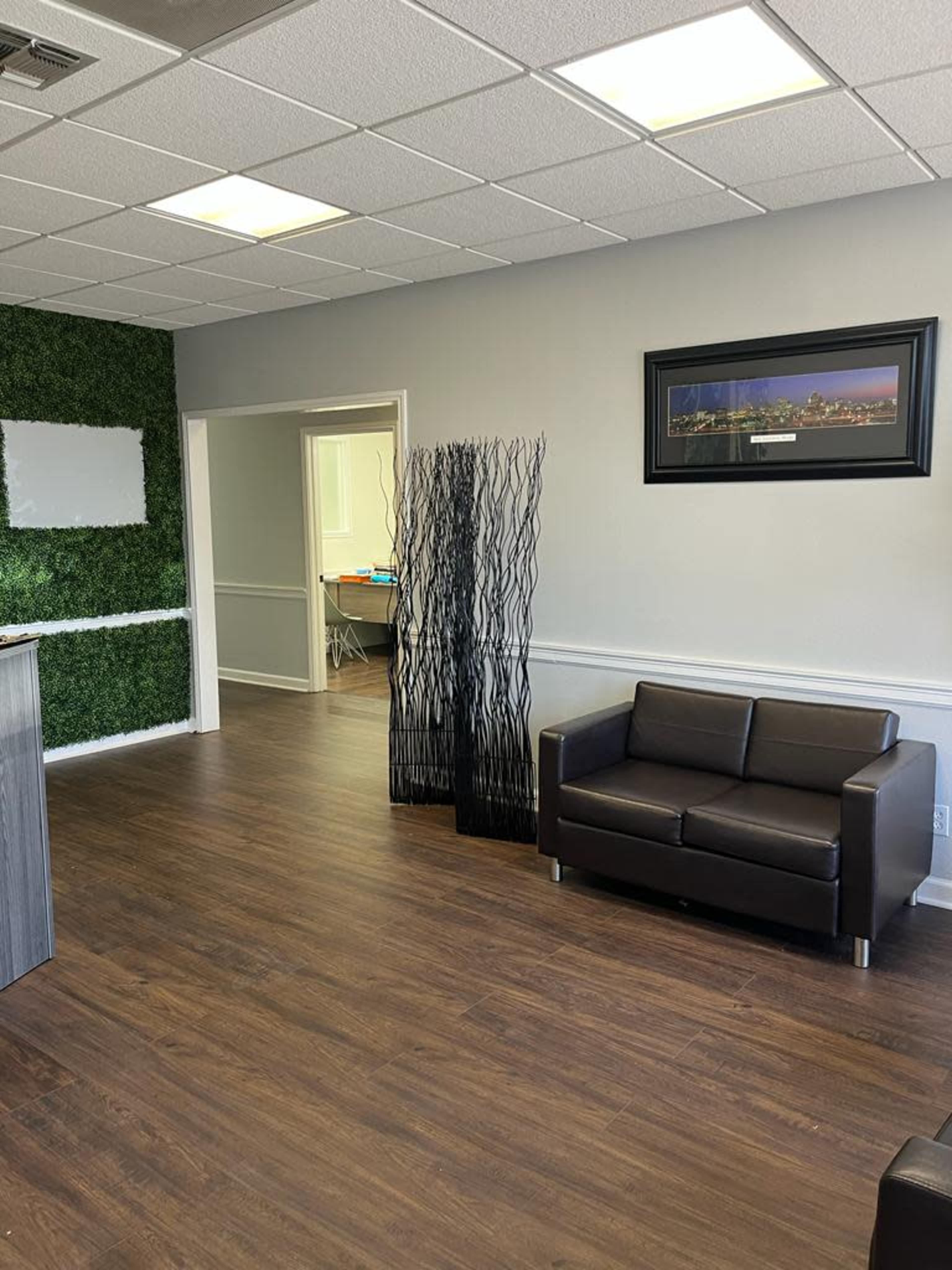 A modern office space with a dark leather sofa, decorative plant partitions, and a green accent wall.