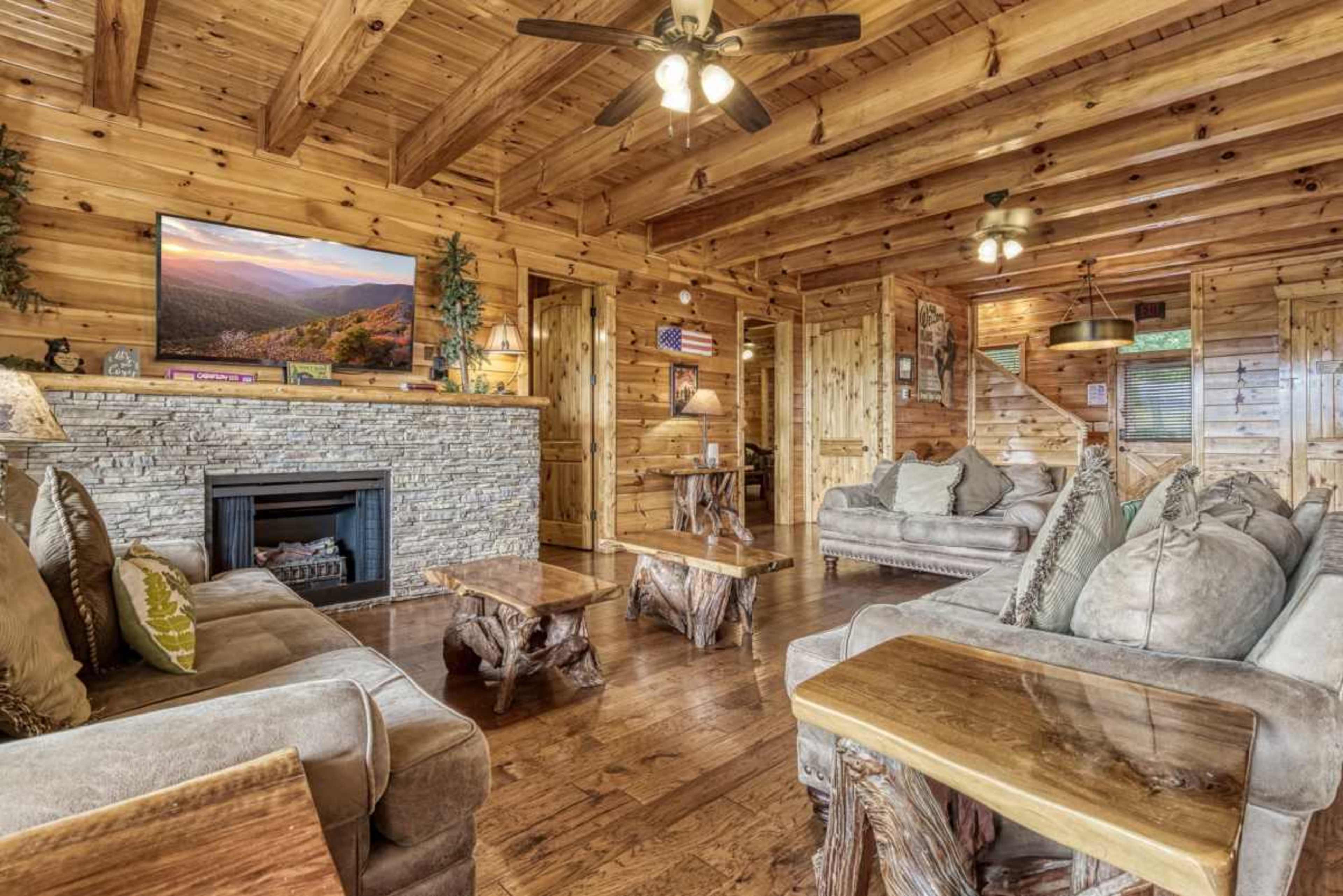 The image shows a cozy living room with wooden walls, a stone fireplace, and rustic furniture arranged around a television.