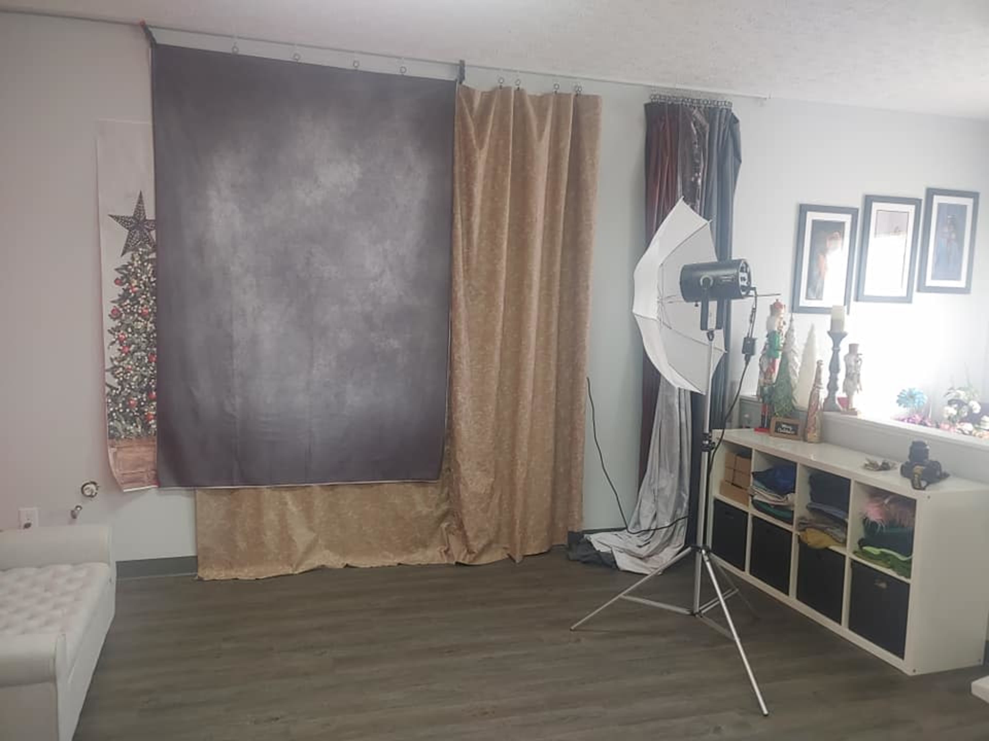 A photography studio setup with a backdrop, softbox light, and decorative elements on shelves.