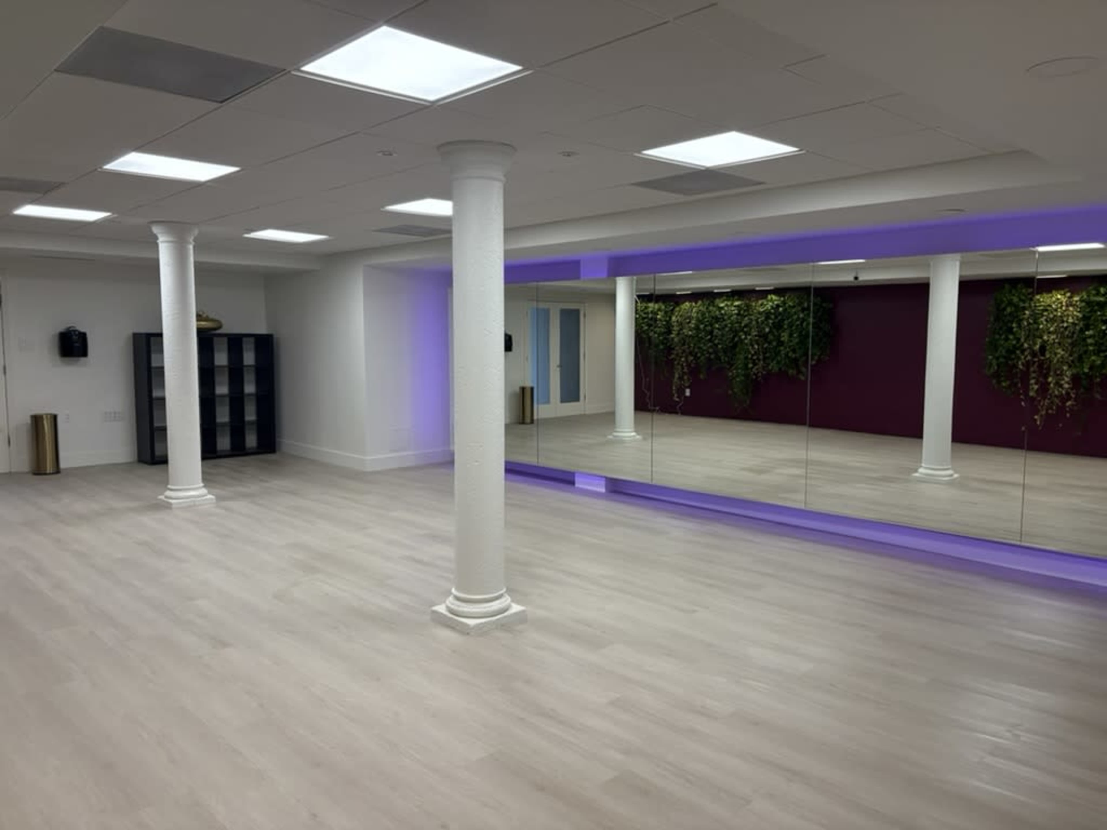 The image shows a spacious room with light wooden flooring, two columns, a mirrored wall with purple lighting, and a shelf against one wall.