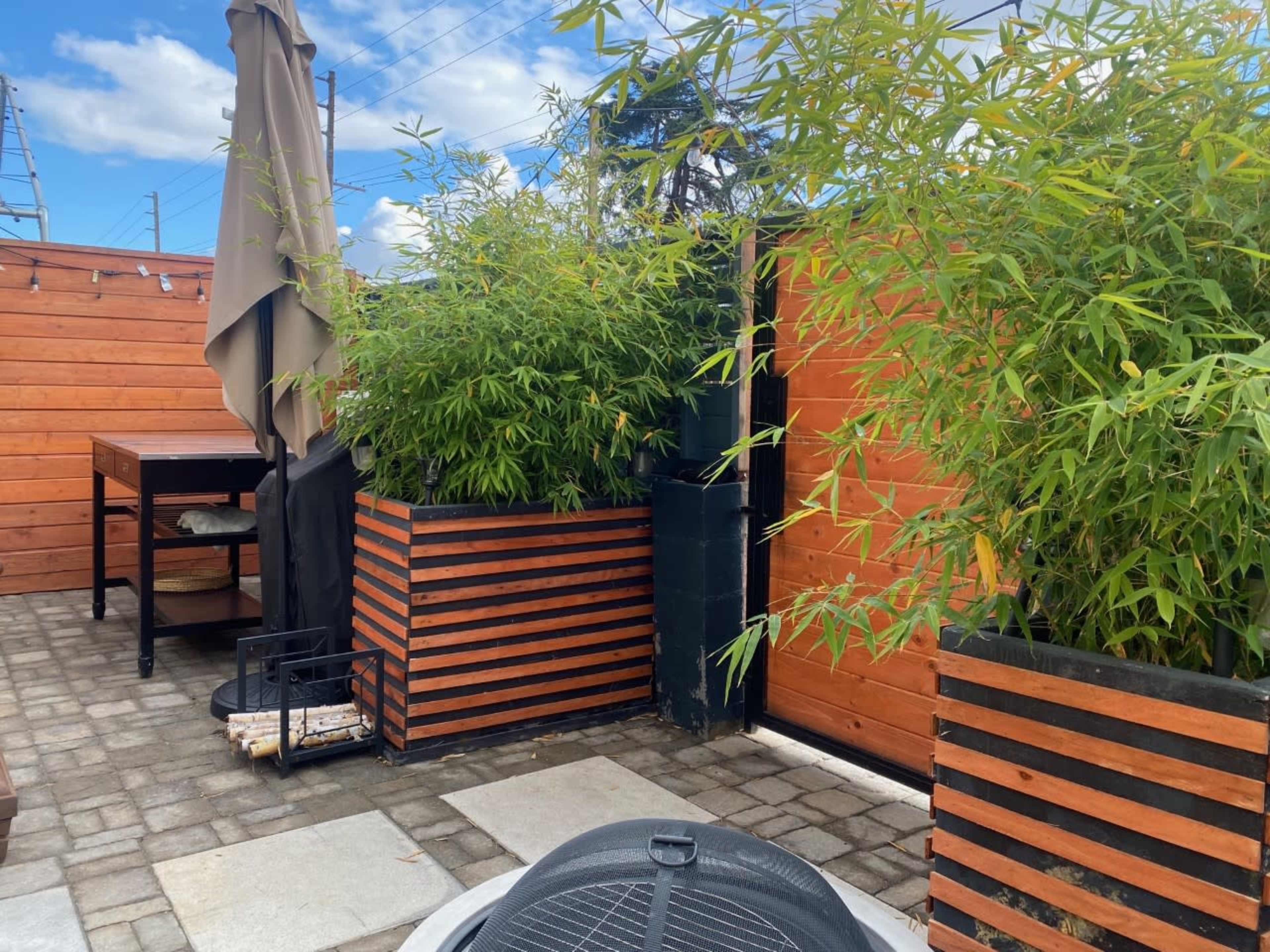 A patio area with bamboo plants in wooden planters, a grill on a stand, and a wooden fence.