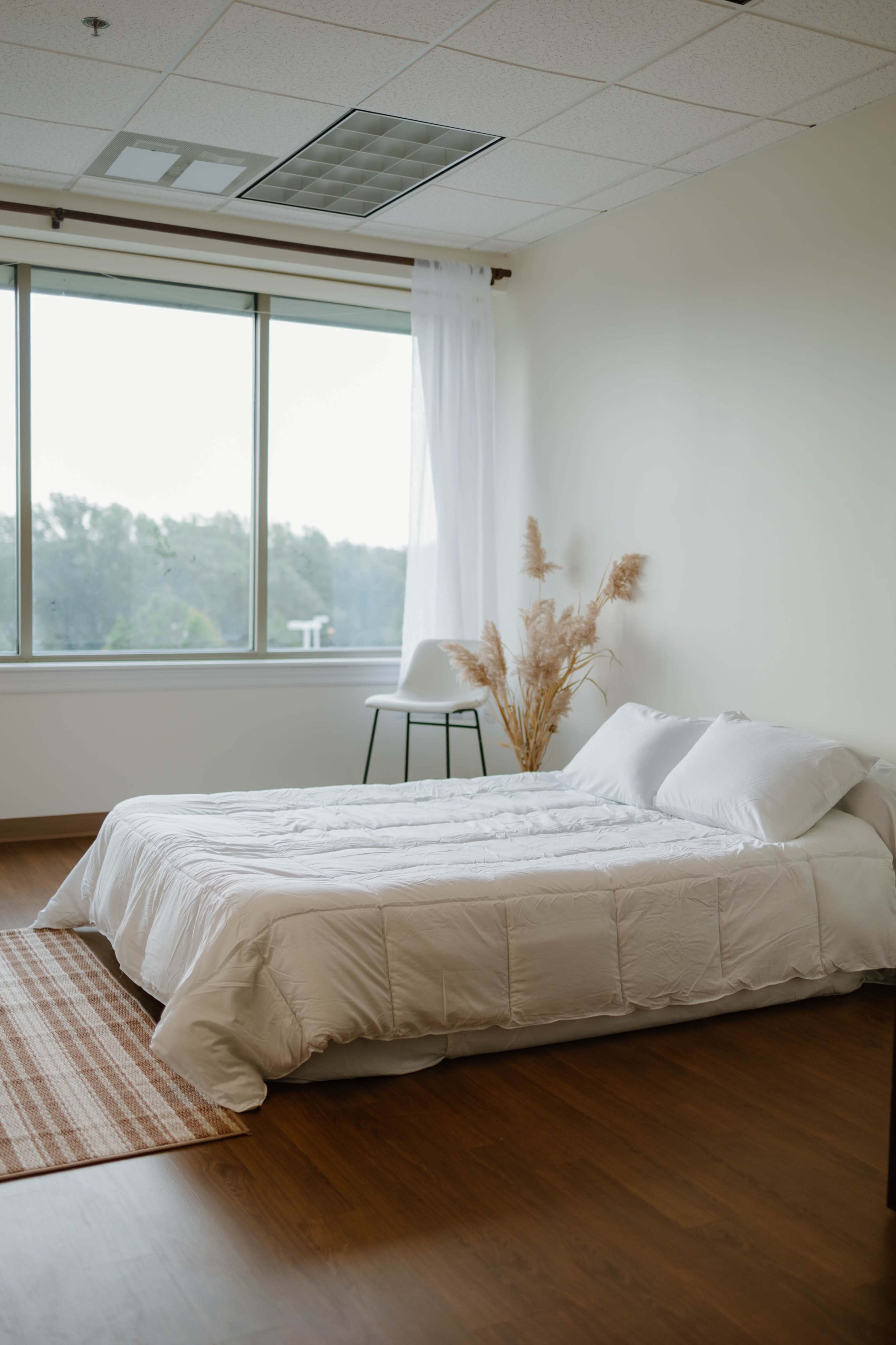 A minimalist bedroom features a white bed with two pillows, a small side table, and a large window displaying greenery outside.