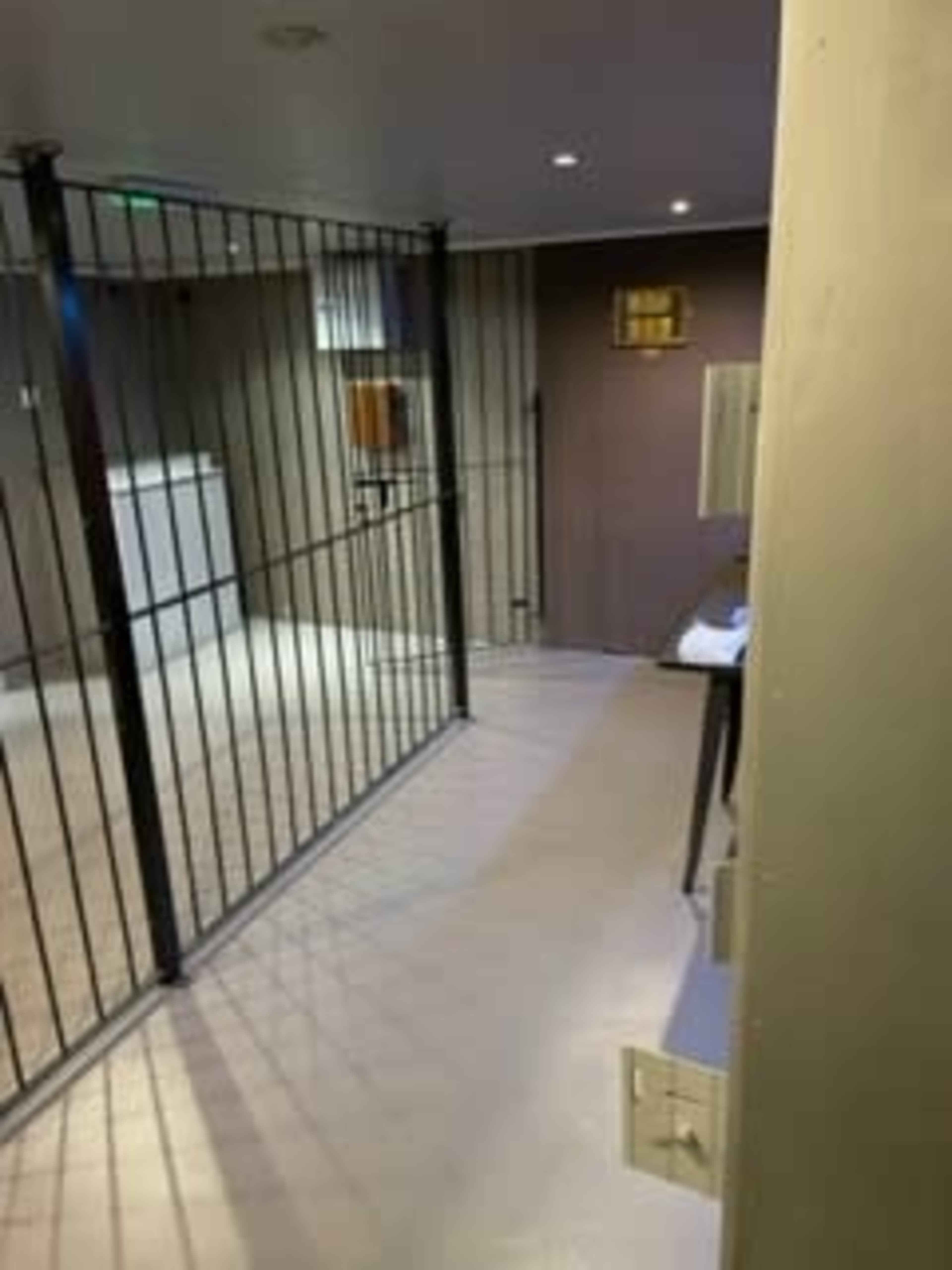 A corridor with a gated section on the left side, leading to a room that appears to have a sink and other furnishings.