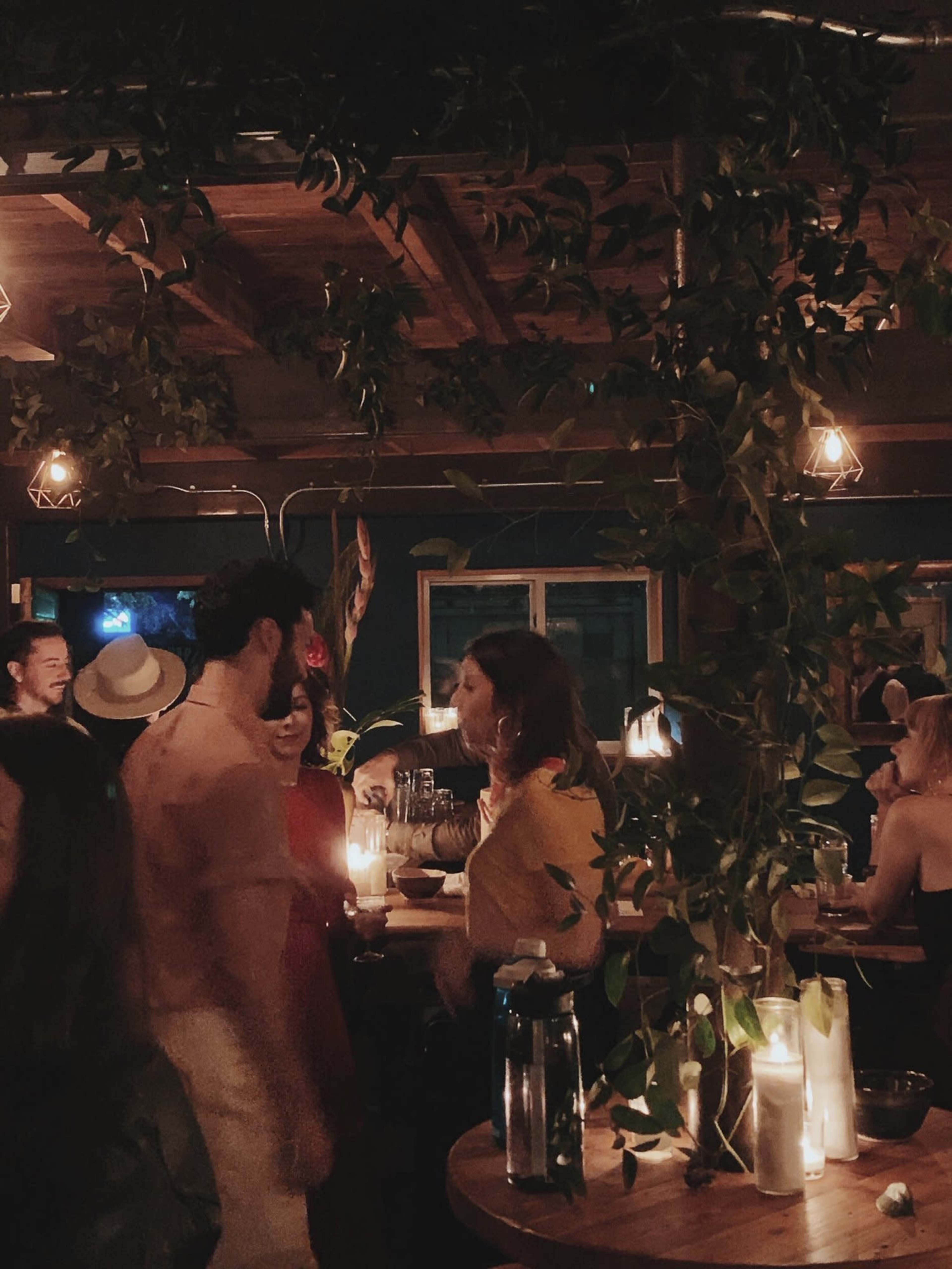 A bustling indoor bar scene is filled with patrons among hanging plants and candlelit tables.