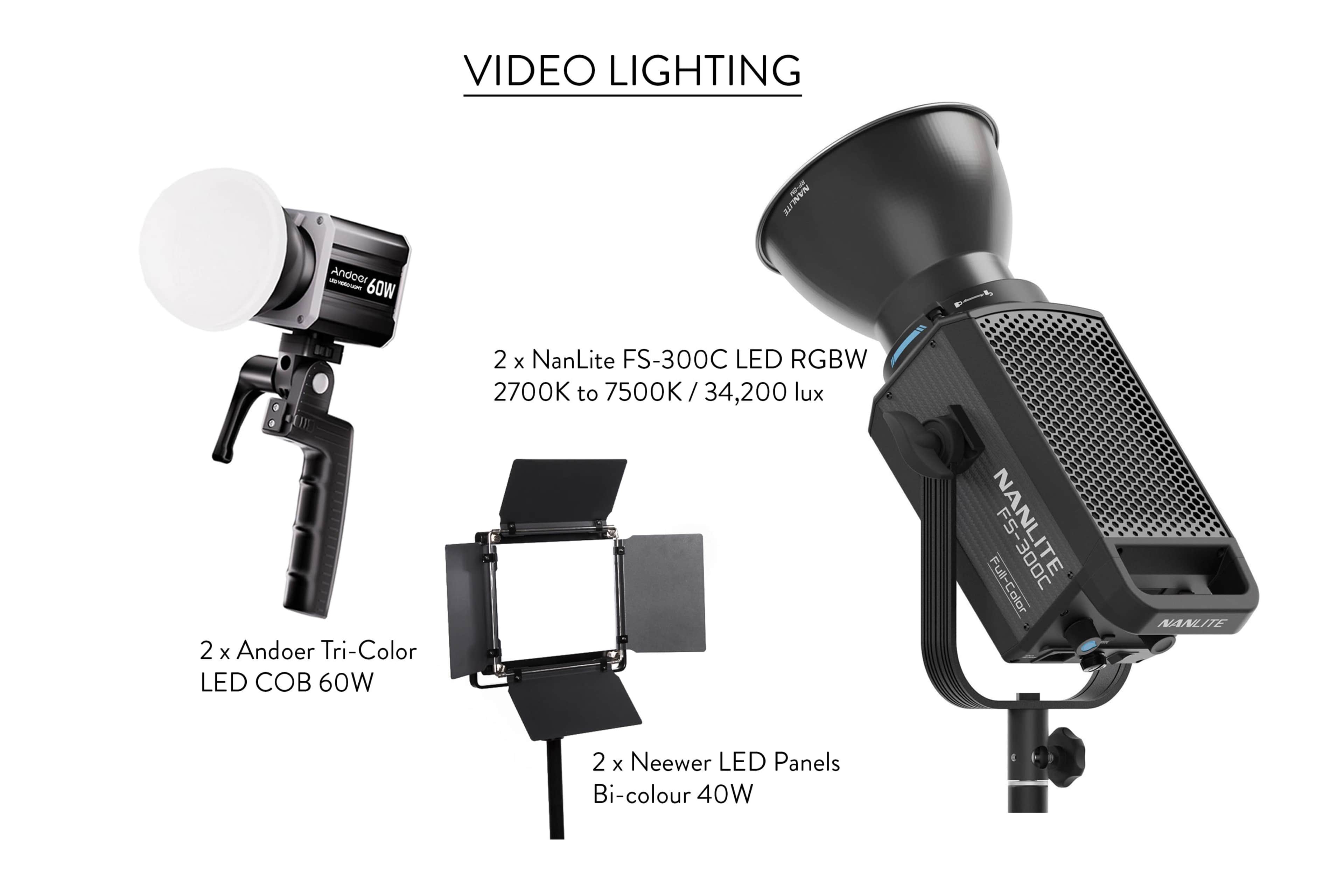 The image displays various video lighting equipment, including two NanLite FS-300C LED RGBW lights, two Andoer Tri-Color LED COB lights, and two Neewer LED Panels.