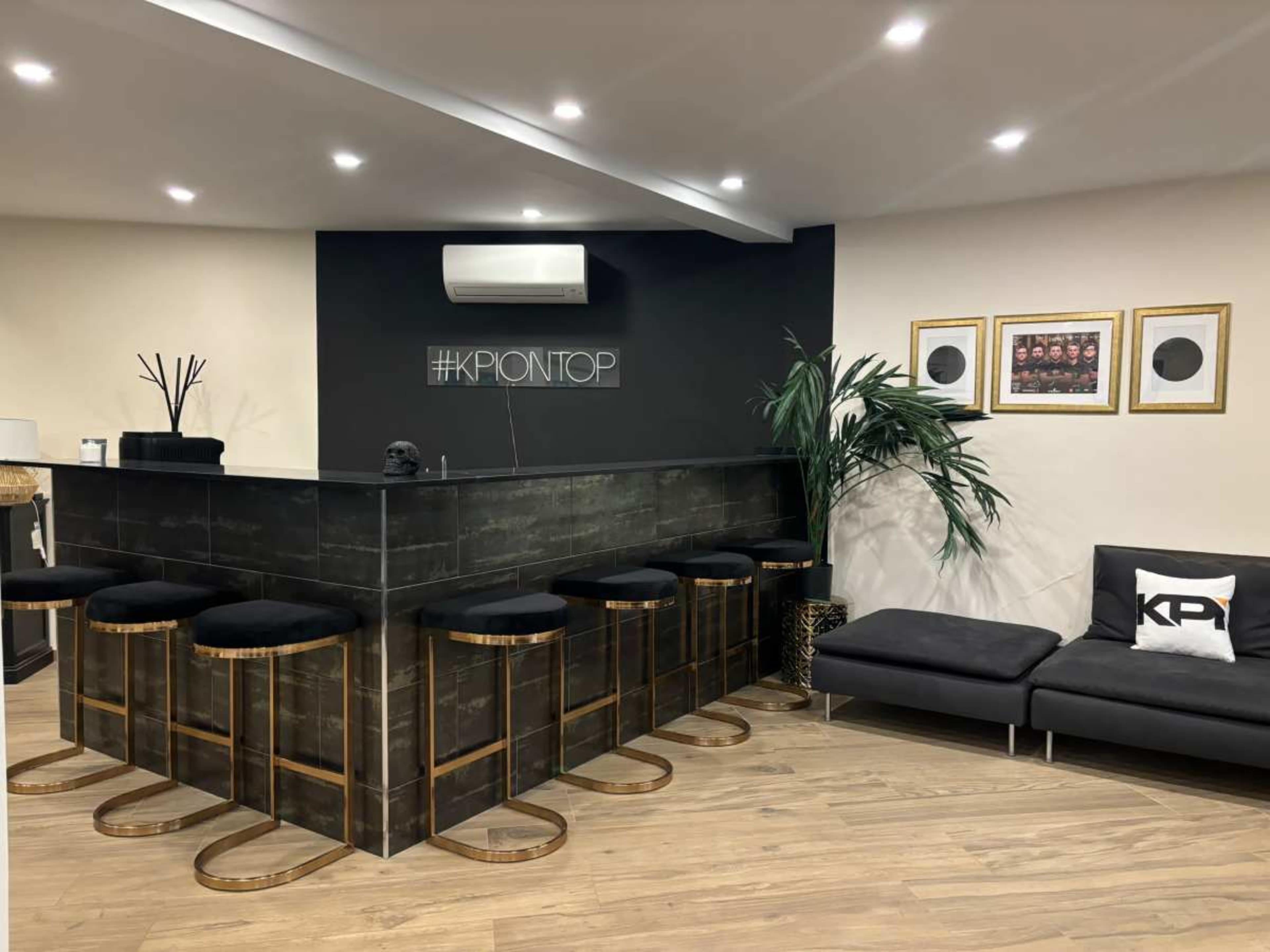 The image shows a modern interior of a lounge area featuring a stylish bar with seating, a large plant, and framed artwork on the wall.