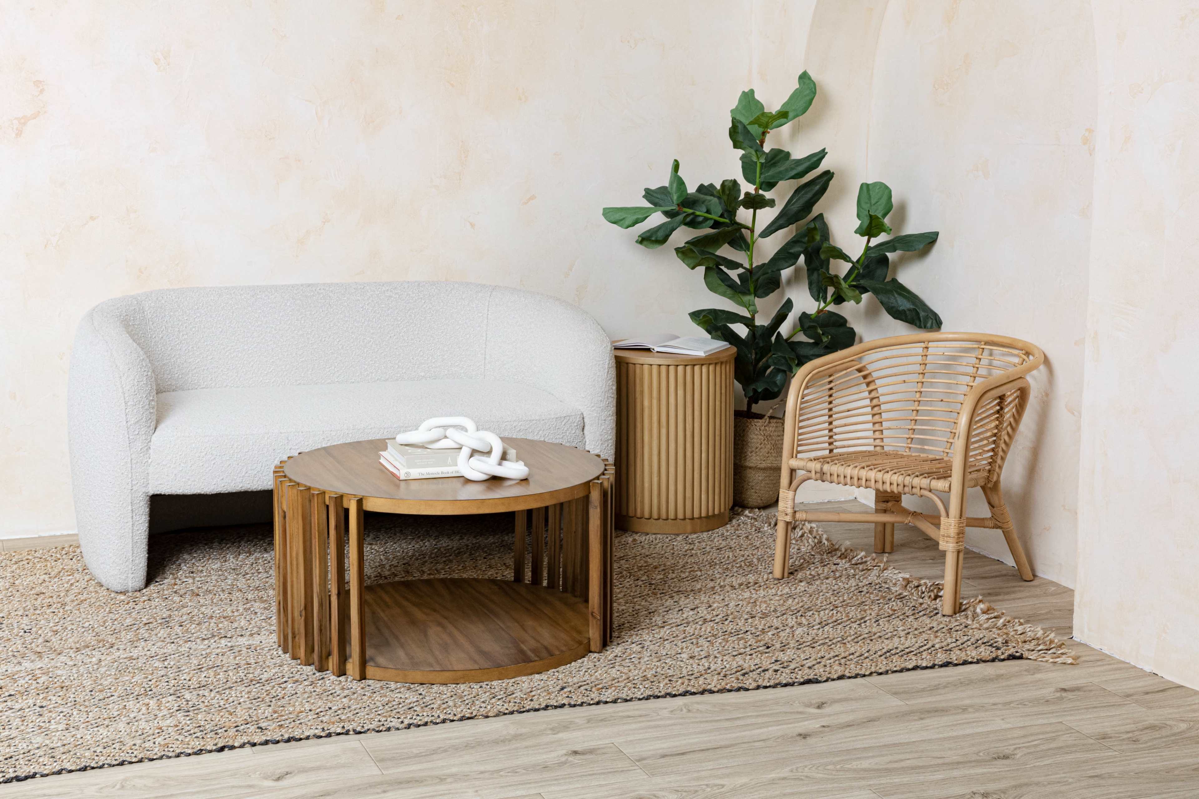 A modern living space features a white, curved sofa, a wooden coffee table, a rattan chair, a round side table, and a decorative plant against a textured wall.