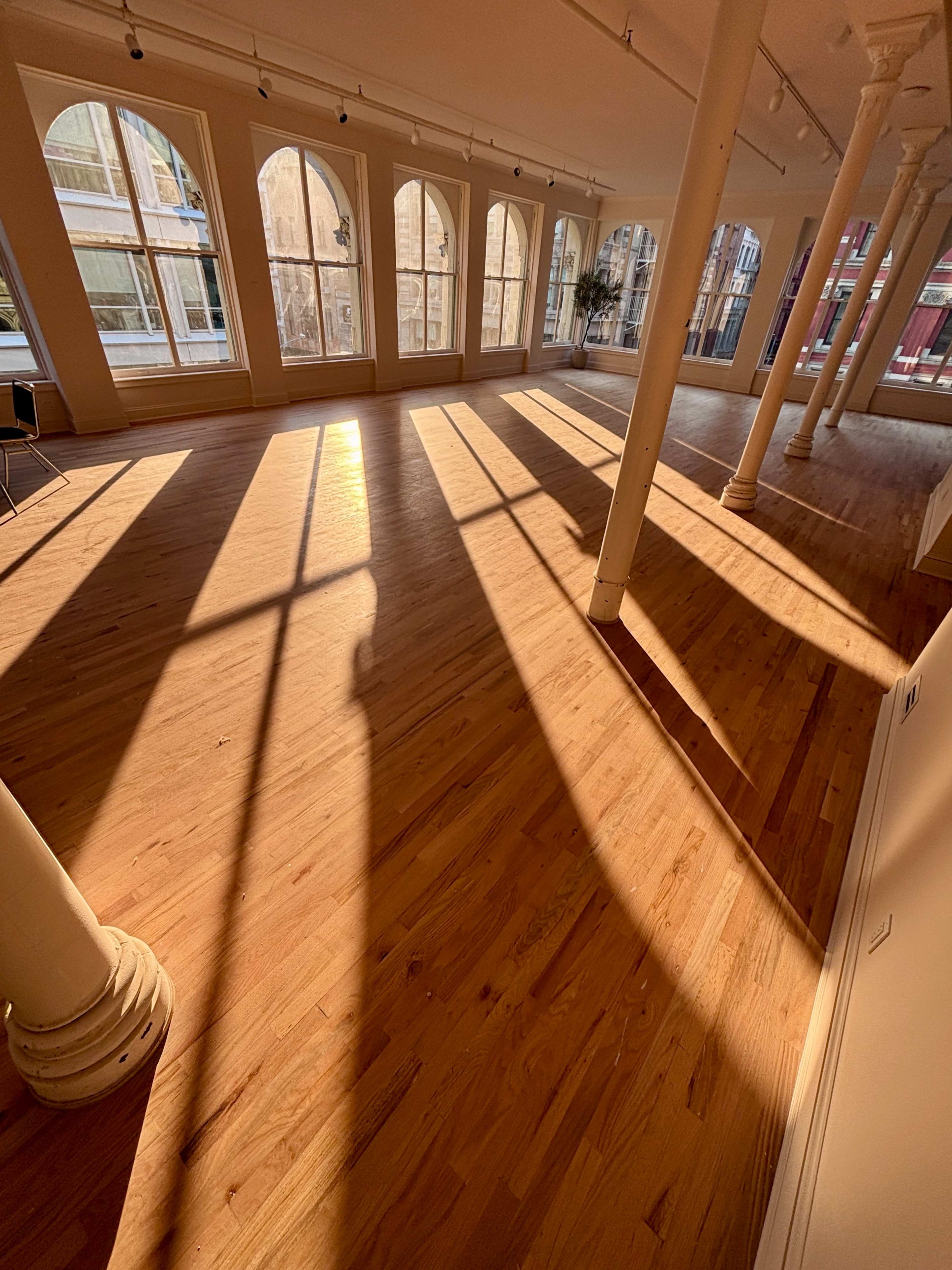 The image shows a spacious room with wooden flooring, large arched windows, and tall white pillars casting long shadows across the floor.
