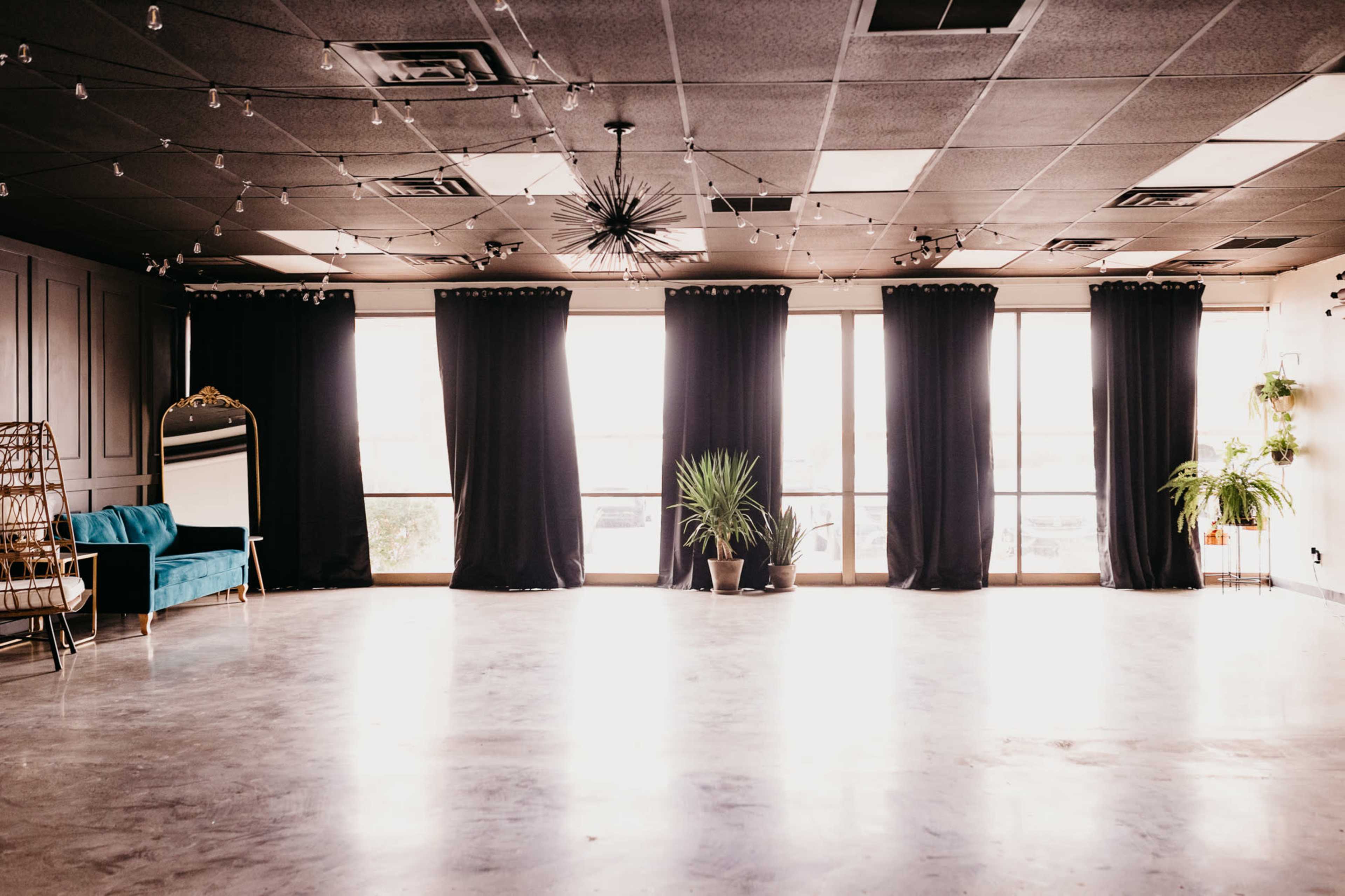 A spacious room with large windows covered by black curtains, a green plant in a pot, and a blue couch against the wall.