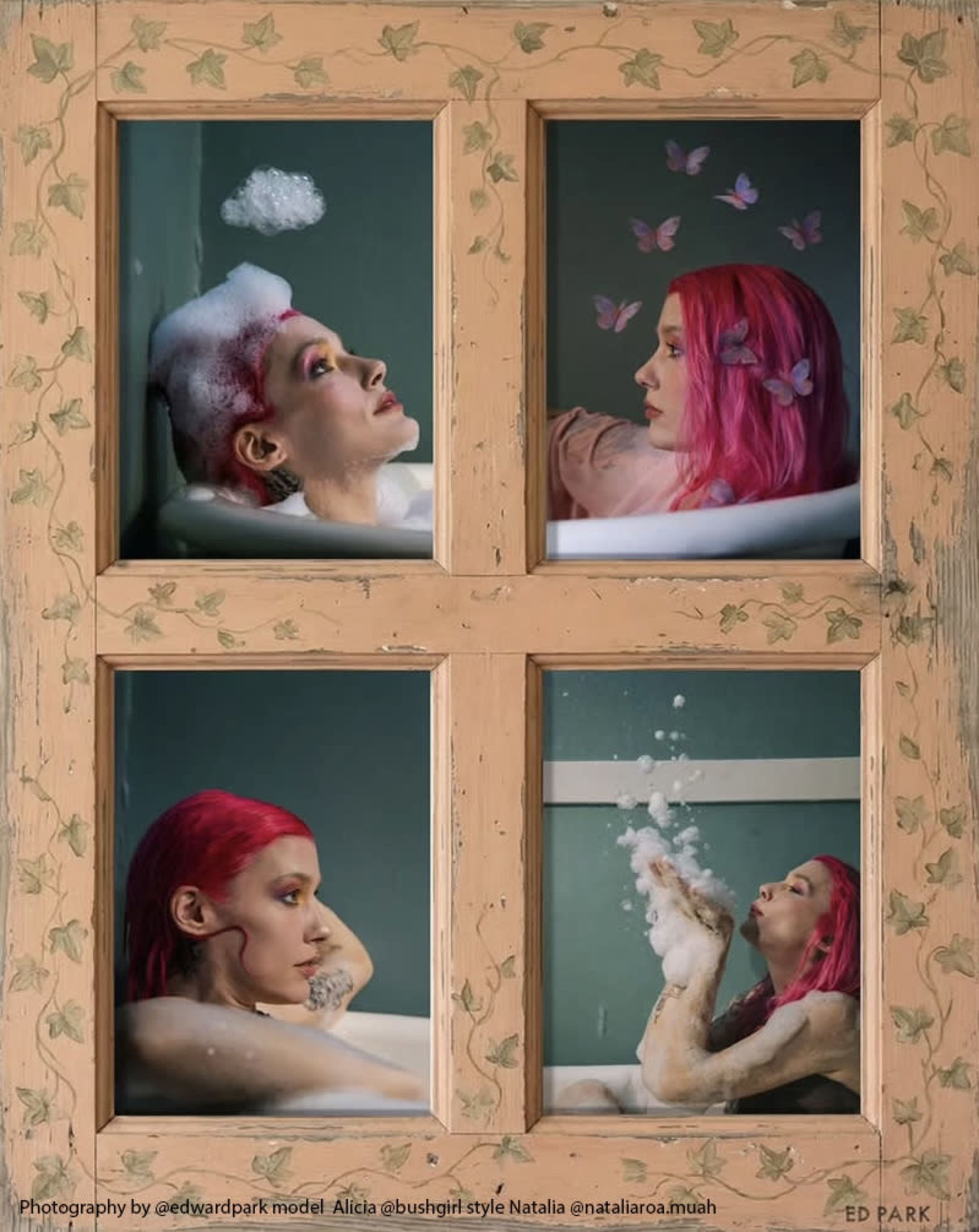 The image features a split-frame composition of a woman with pink hair in a bathtub, with various poses and bubbles, surrounded by a decorative wooden window frame.