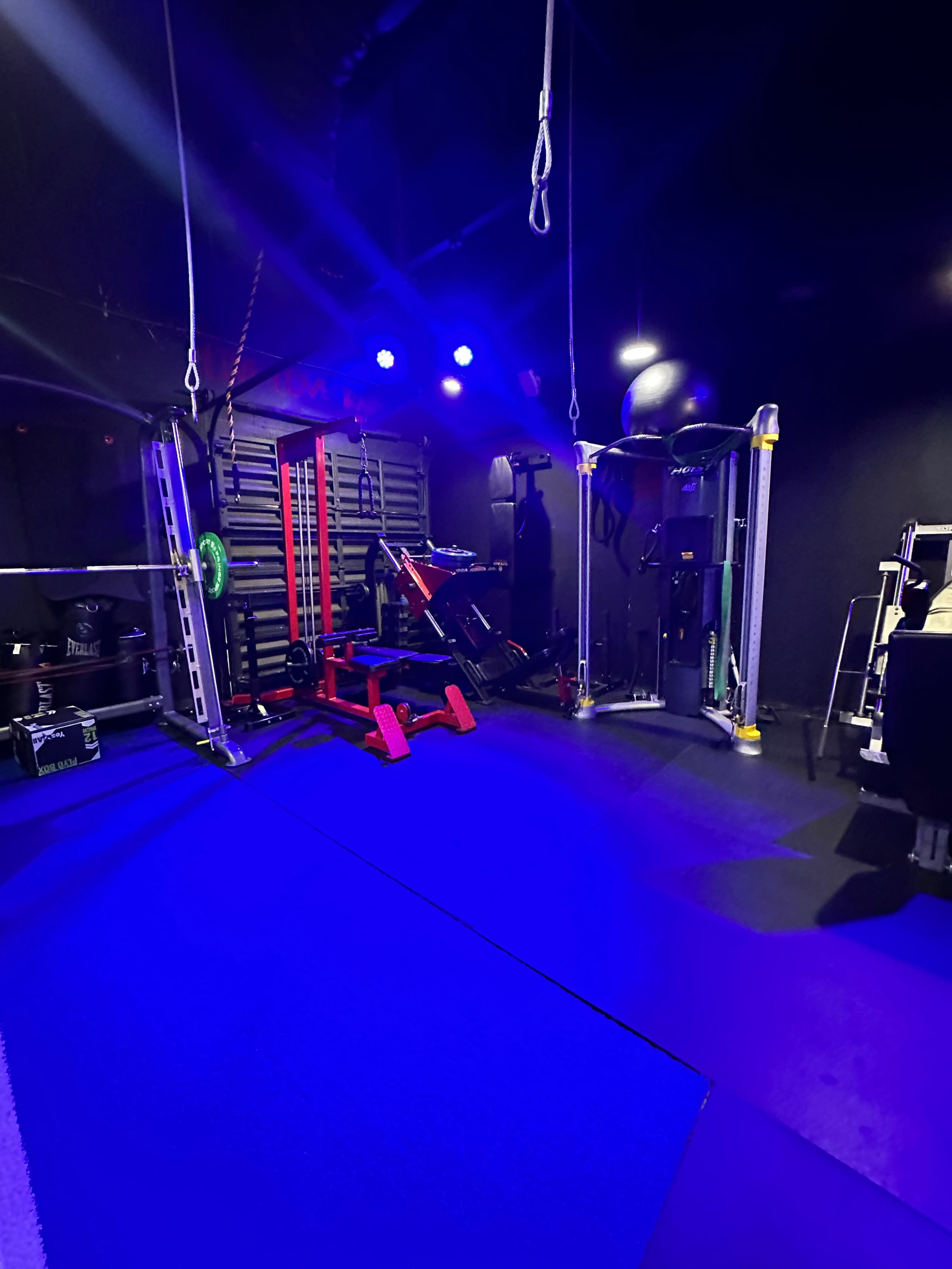 The image shows a dimly lit gym space equipped with various workout equipment, including weights, cables, and a squat rack.