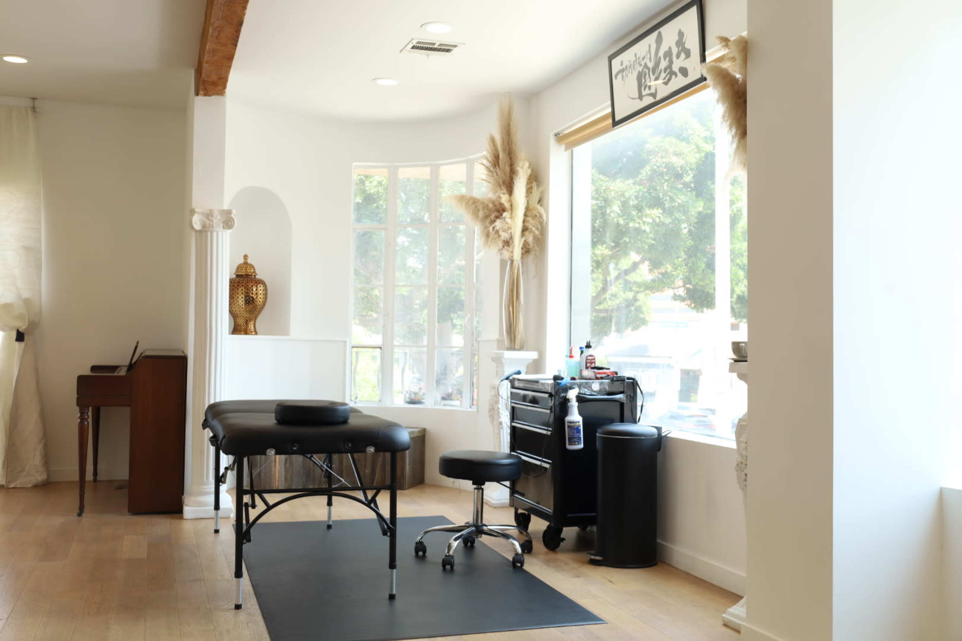 The room features a massage table, a black rolling chair, and a chrome medical cart, with large windows allowing natural light to enter.