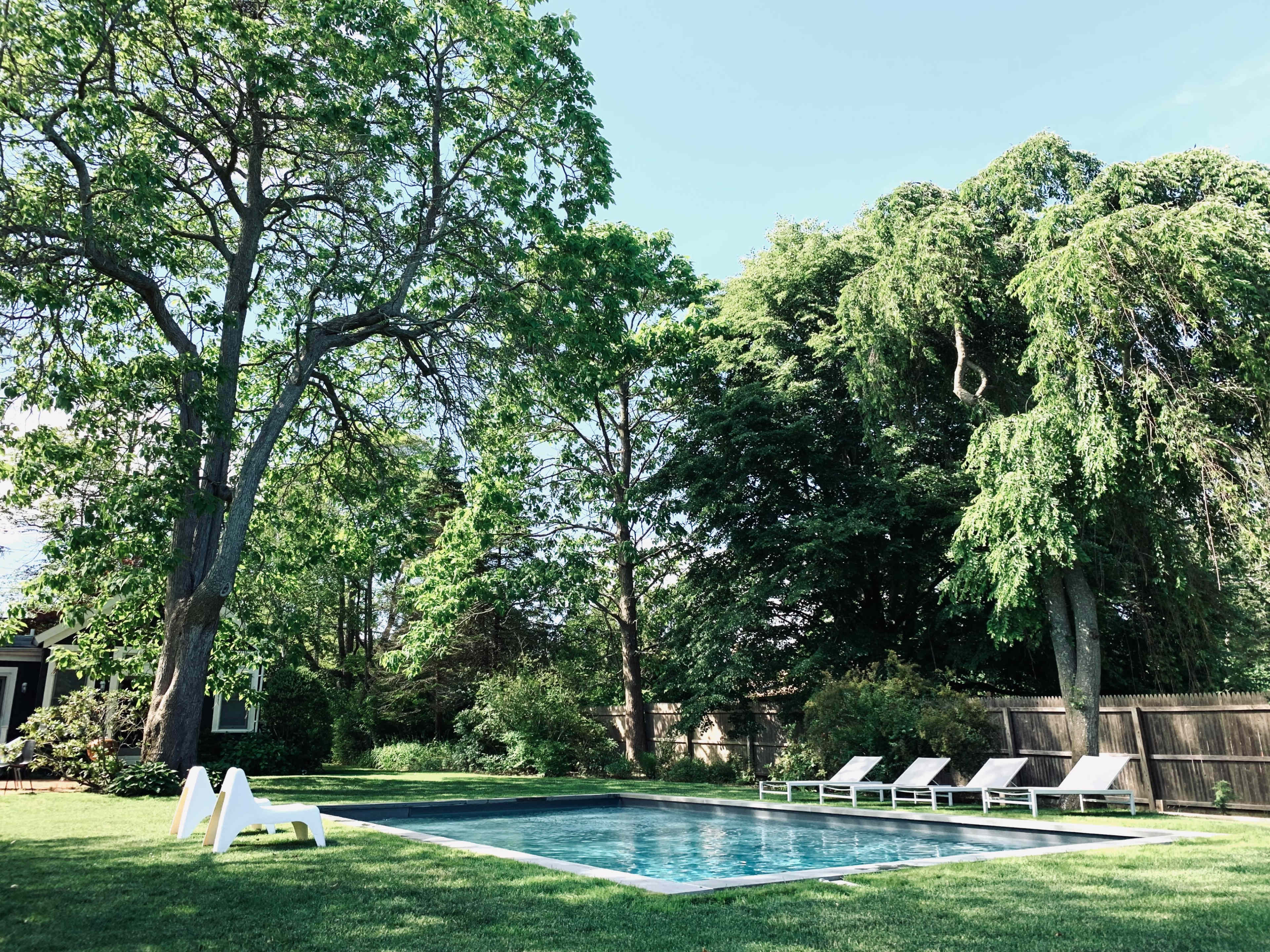 A rectangular swimming pool surrounded by green grass and several lounge chairs under the shade of large trees.