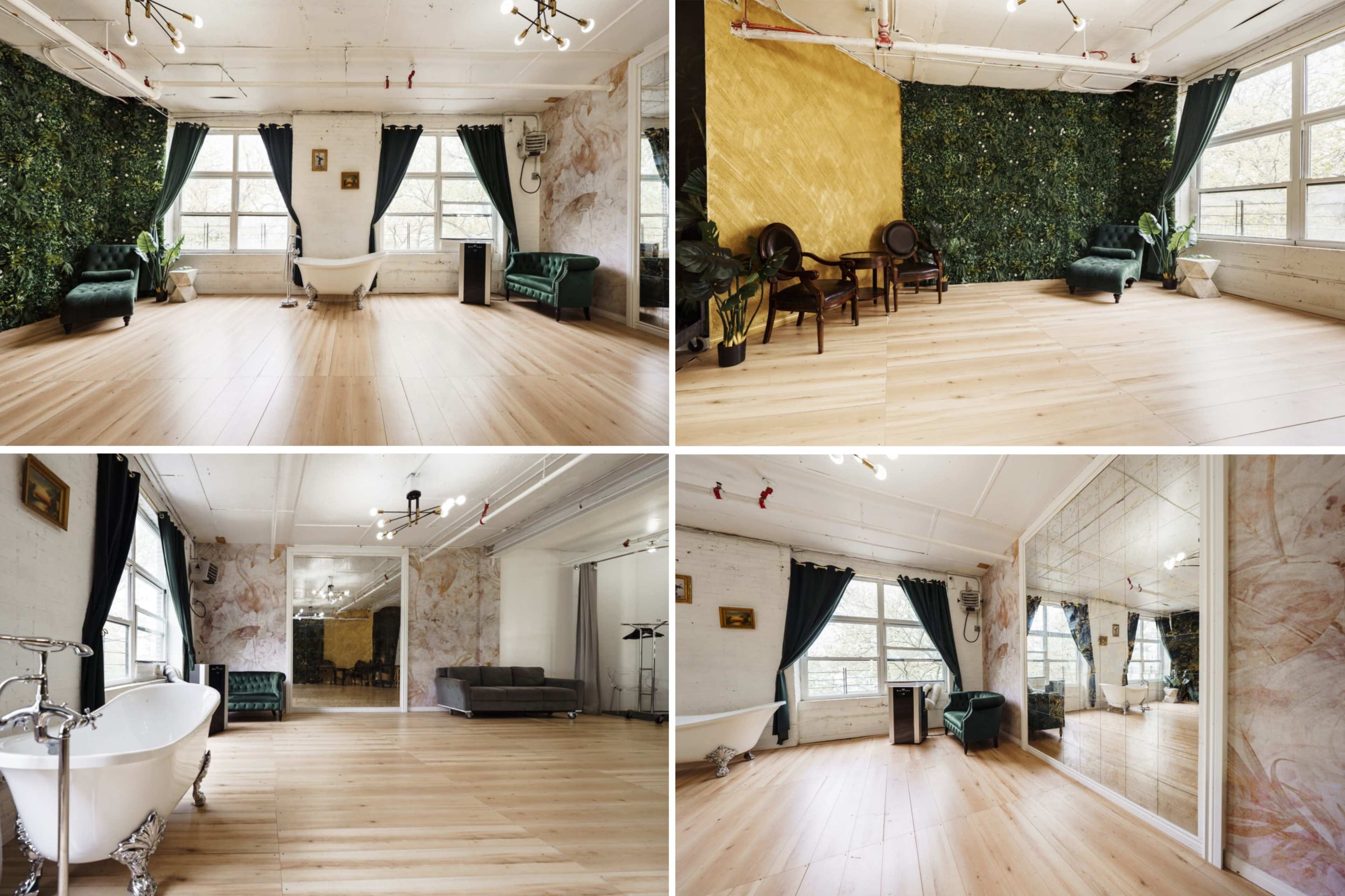 The image shows a spacious, well-lit room with large windows, wooden flooring, and distinct areas featuring a green wall, a bathtub, and various seating arrangements.