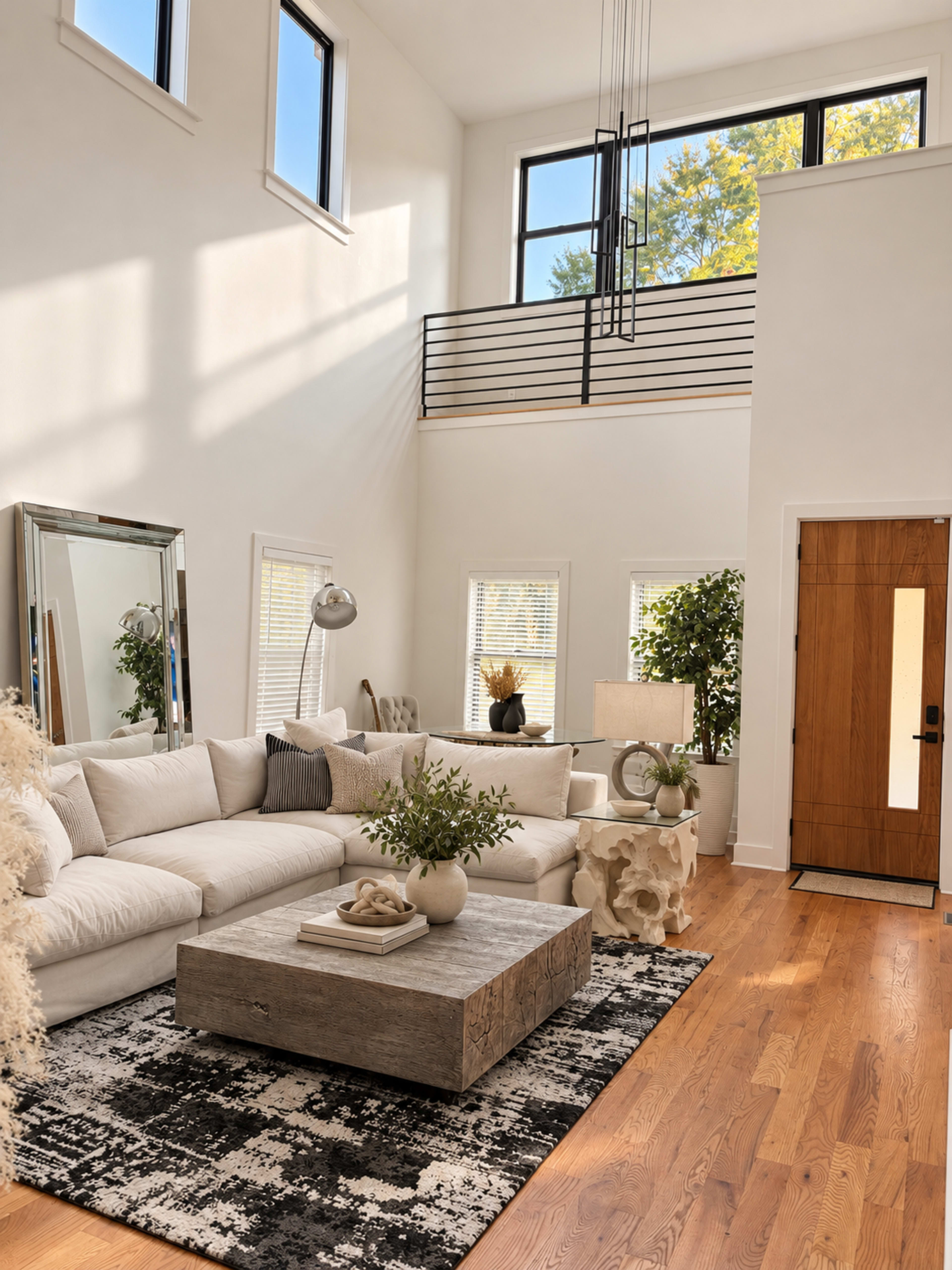 The image features a spacious living room with a large white sectional sofa, a wooden coffee table, and tall windows that allow natural light to fill the space.