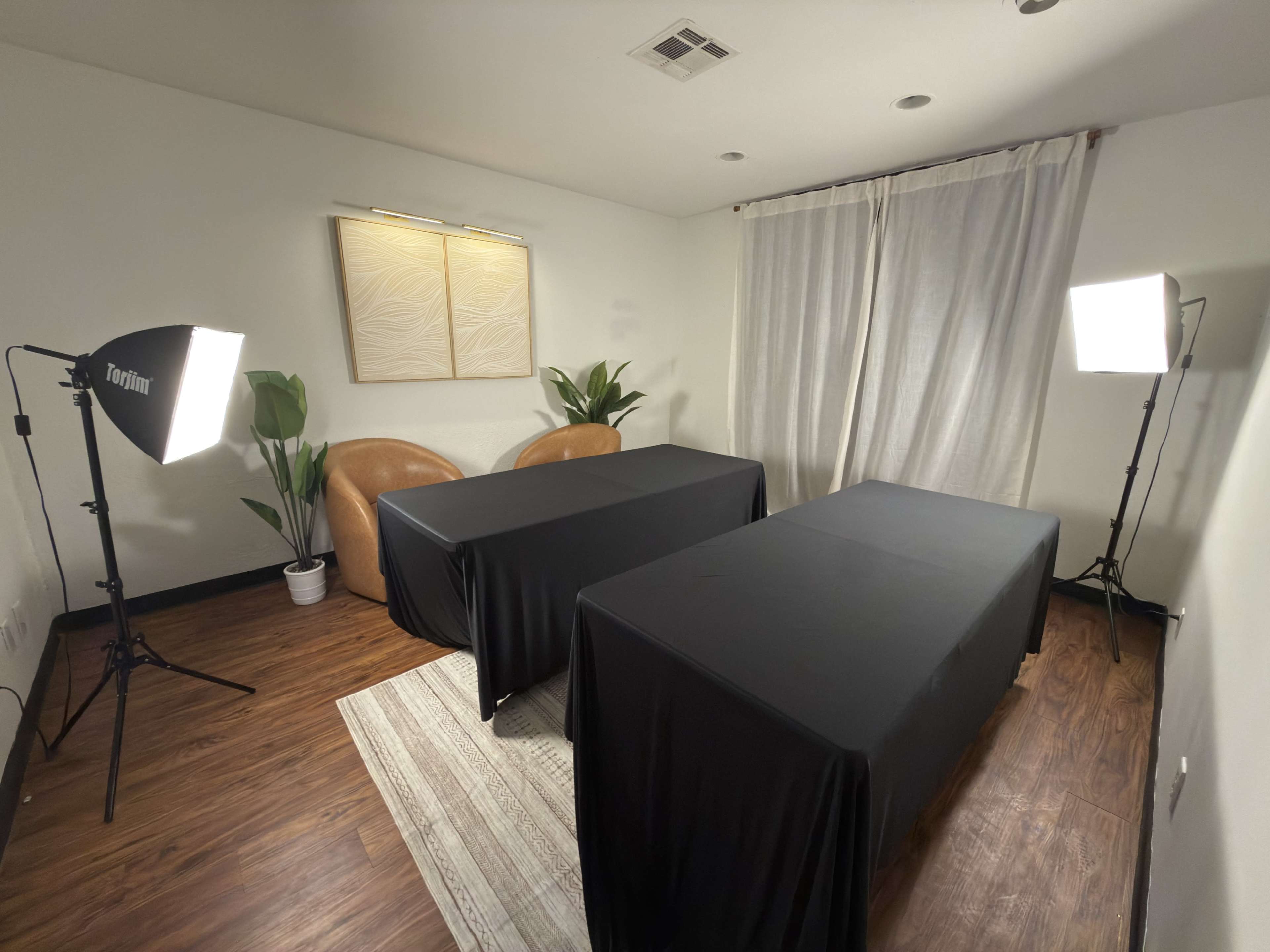The image shows a well-lit room featuring two covered tables, a pair of armchairs, and decorative plants, with curtains drawn at the window.