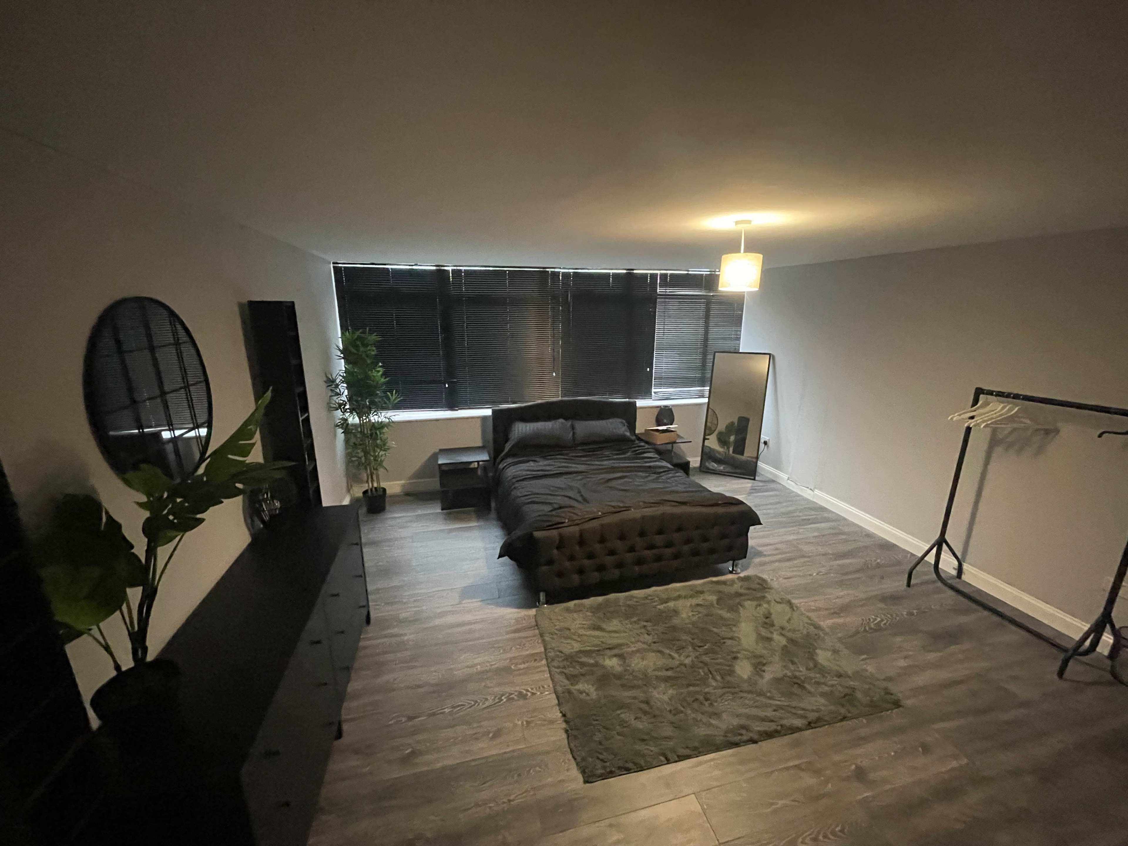 A minimalist bedroom with a bed, a large mirror, a potted plant, and a clothing rack, all set against dark blinds and wooden flooring.