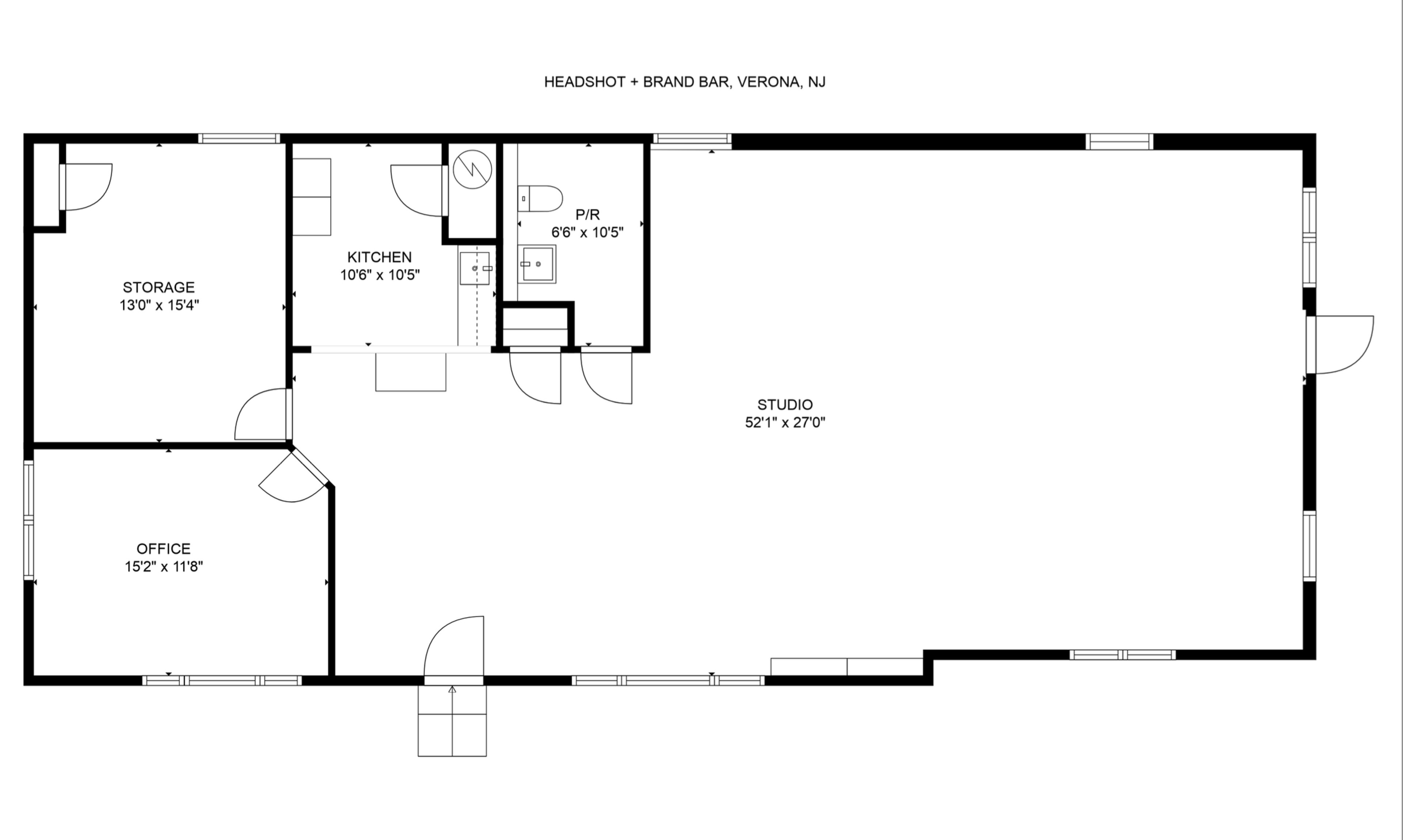 The image shows a floor plan layout of a space that includes a storage area, kitchen, restroom, office, and a studio.