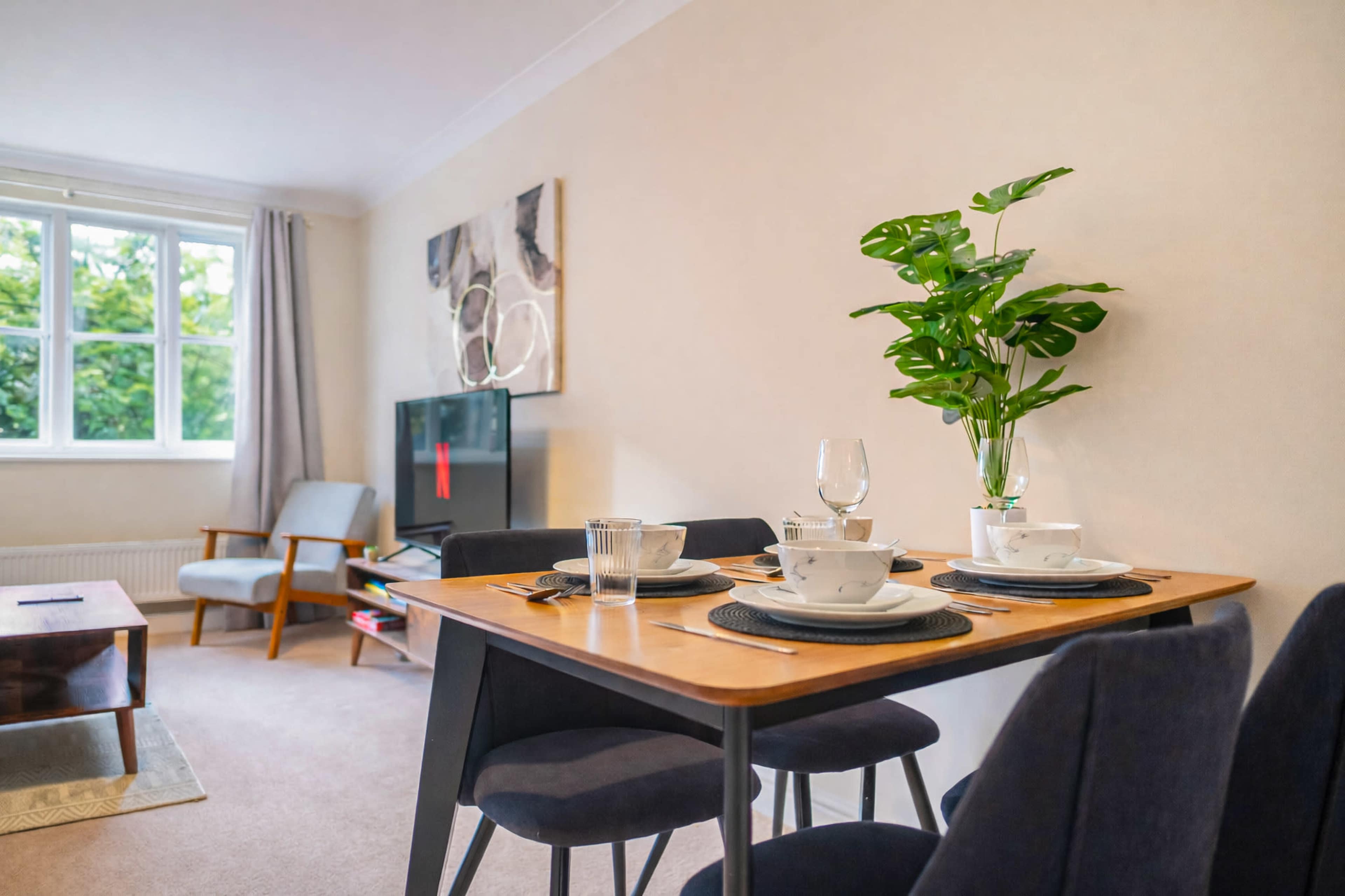 A dining table is set with plates and glasses, accompanied by a decorative plant, in a well-furnished living space with a sofa and TV in the background.