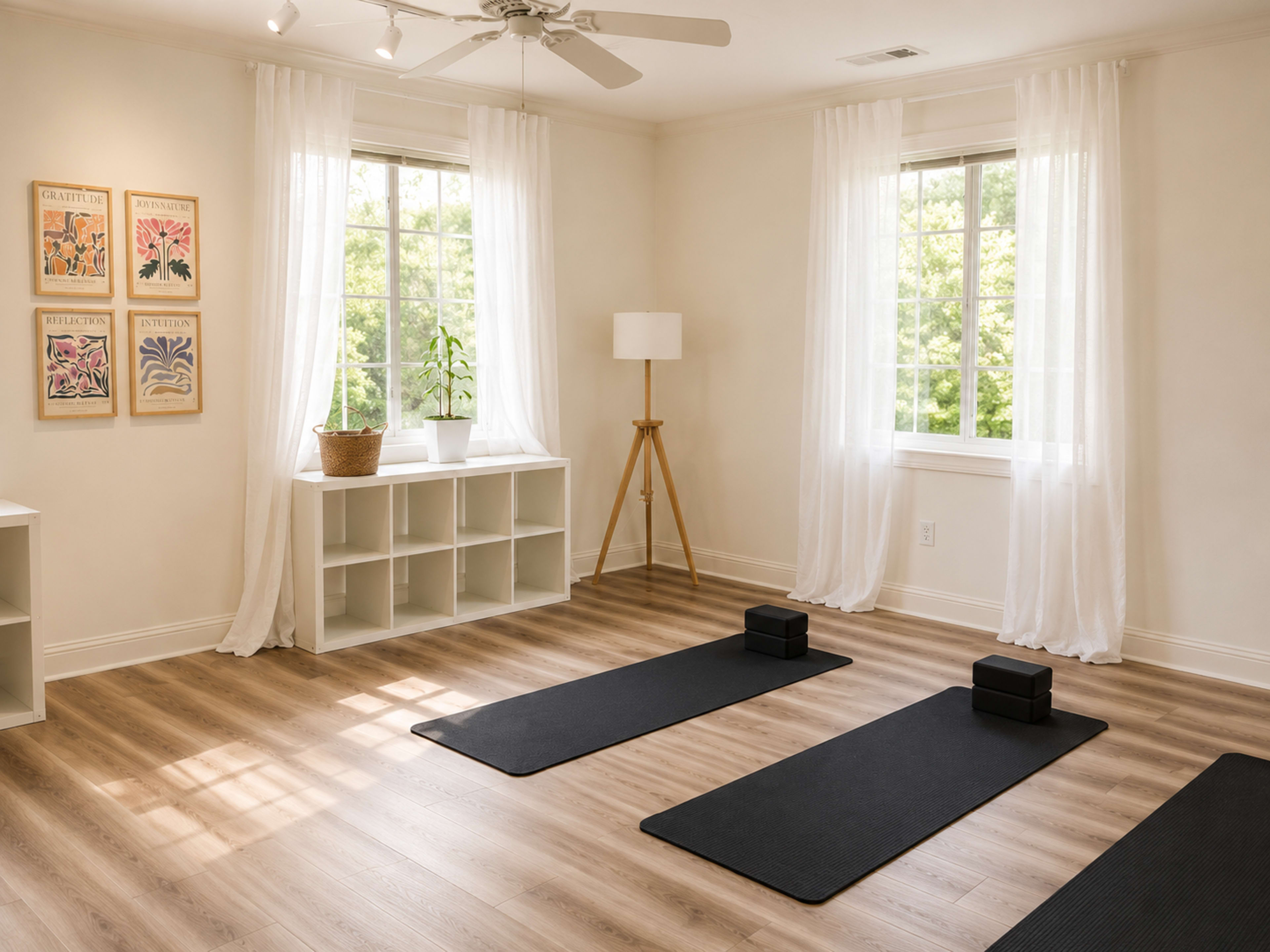 The image shows a serene yoga studio with two black mats on a wooden floor, surrounded by white curtains and natural light from large windows.