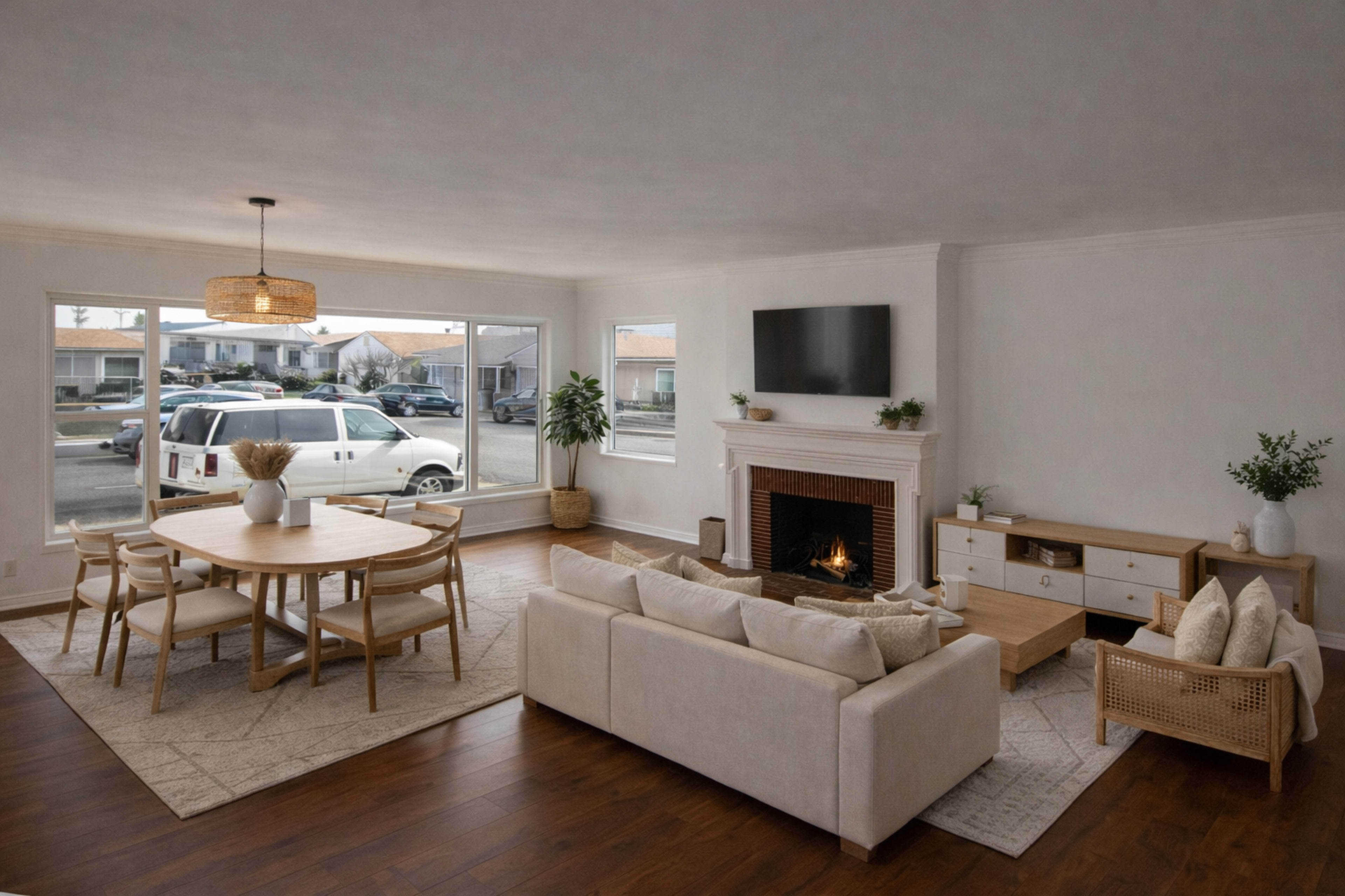 The image depicts a modern living room featuring a fireplace, a circular dining table with chair seating, and large windows that provide a view of the outdoors.