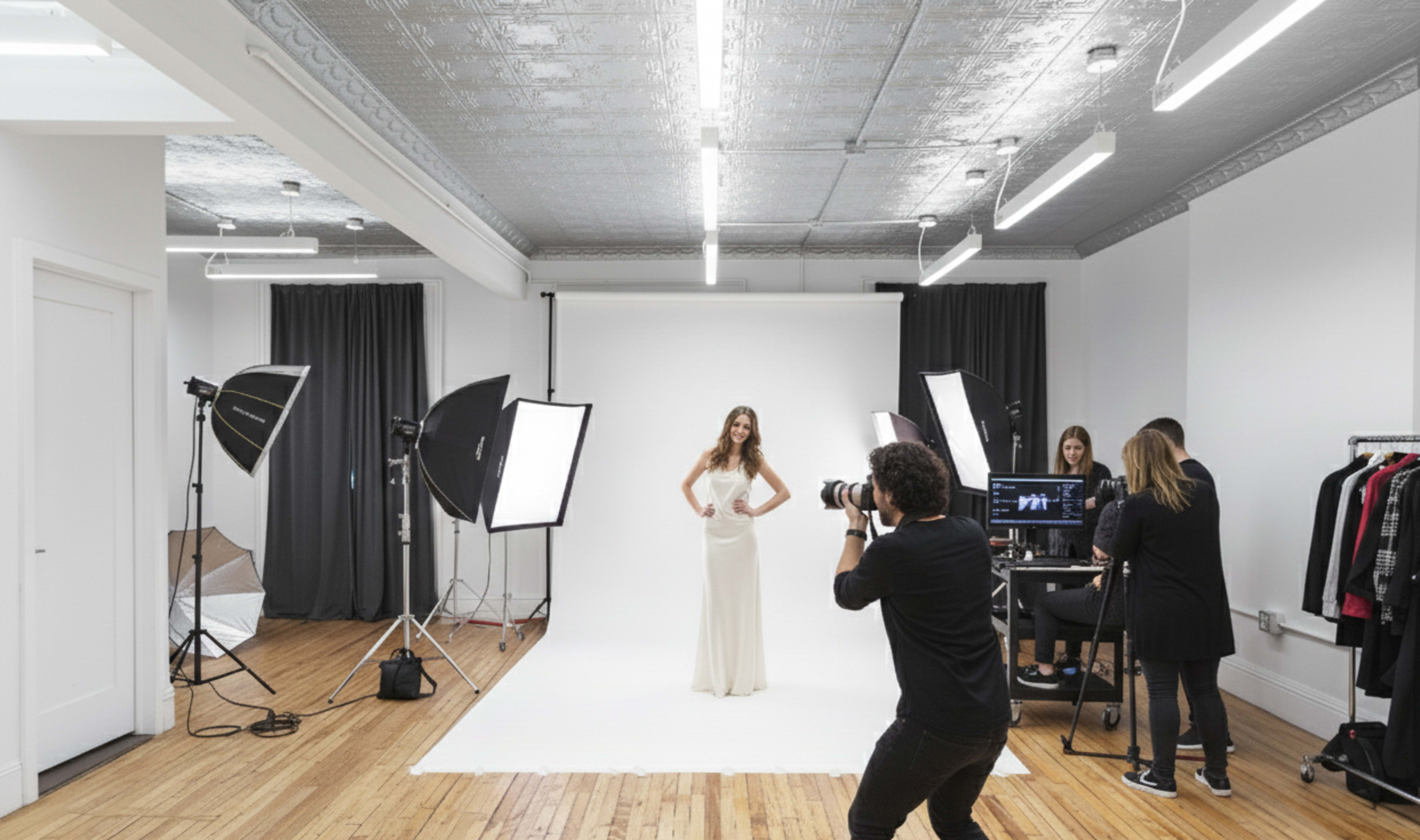 A professional photo shoot takes place in a well-lit studio, featuring a model in a cream-colored dress posed in front of a seamless backdrop, while a photographer and crew set up lighting and equipment.