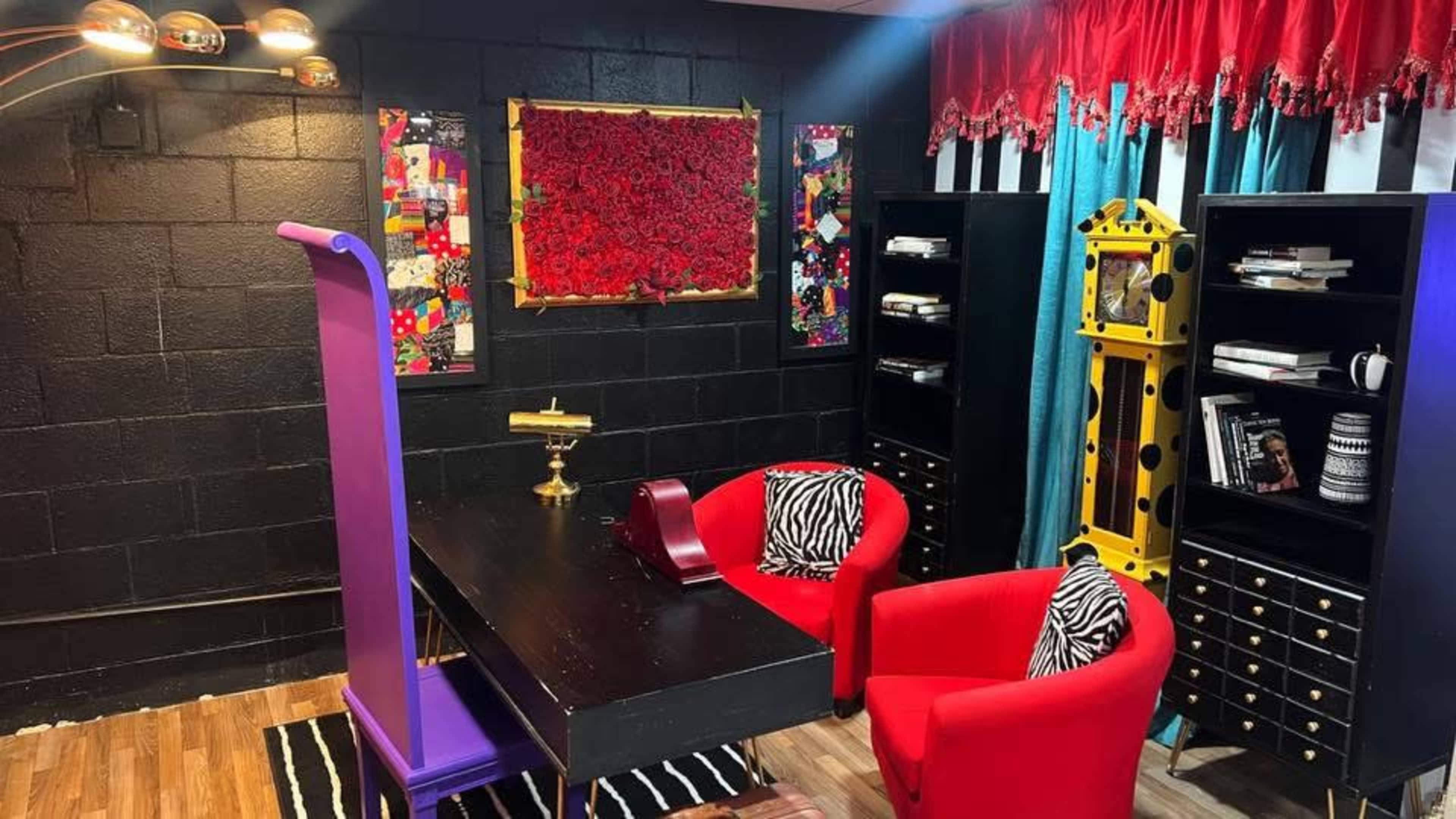 Luxury Vintage Executive Office Set w/ Statement Desk, Red Chairs, Gold Accents & Bold Decor Image in Highland Hills, Mesquite, TX