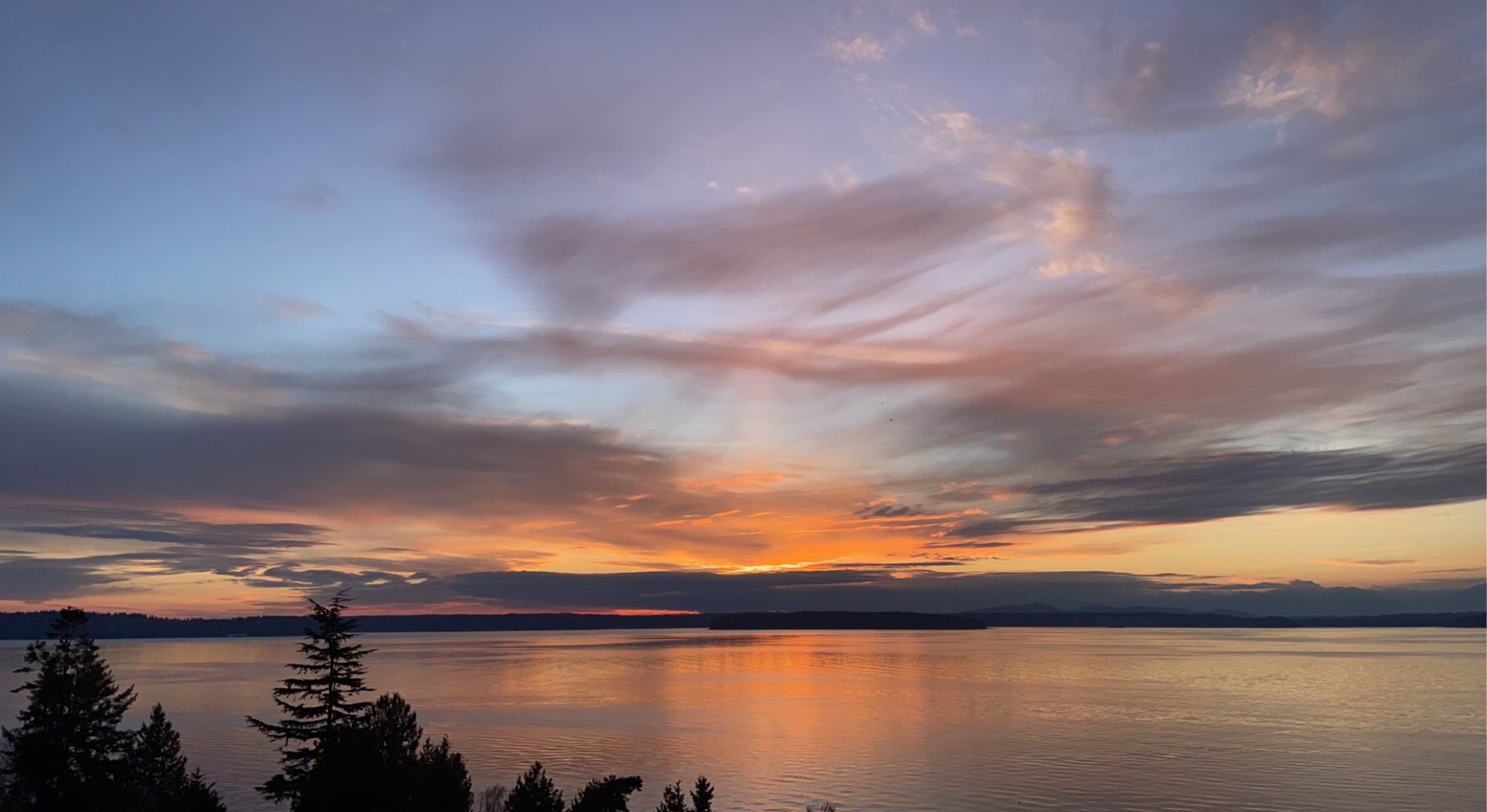 A serene sunset over a body of water, with silhouetted trees in the foreground and colorful clouds in the sky.