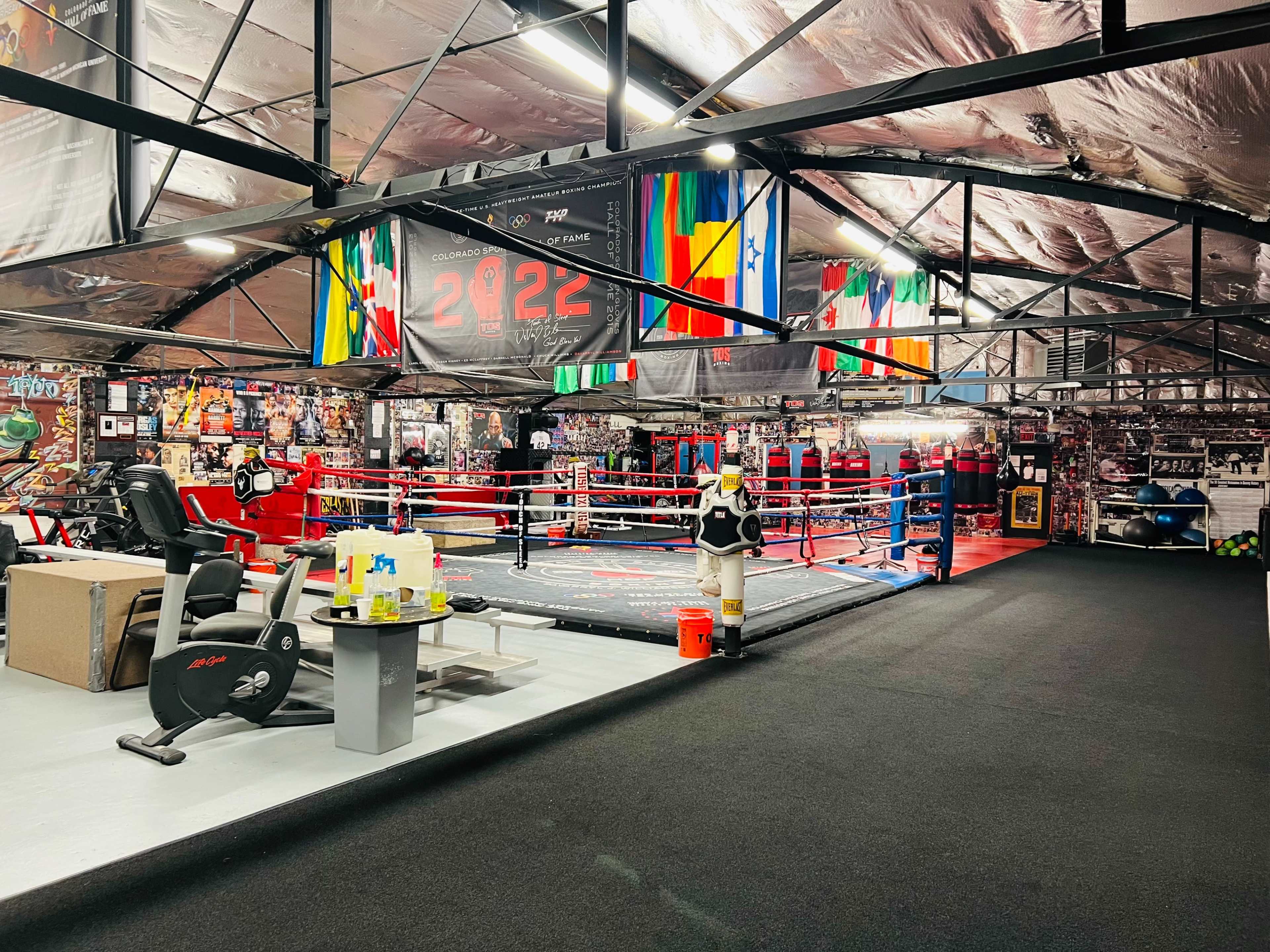 The image shows a spacious boxing gym with a boxing ring surrounded by colorful flags, training equipment, and a decorated wall featuring various boxing-related images.