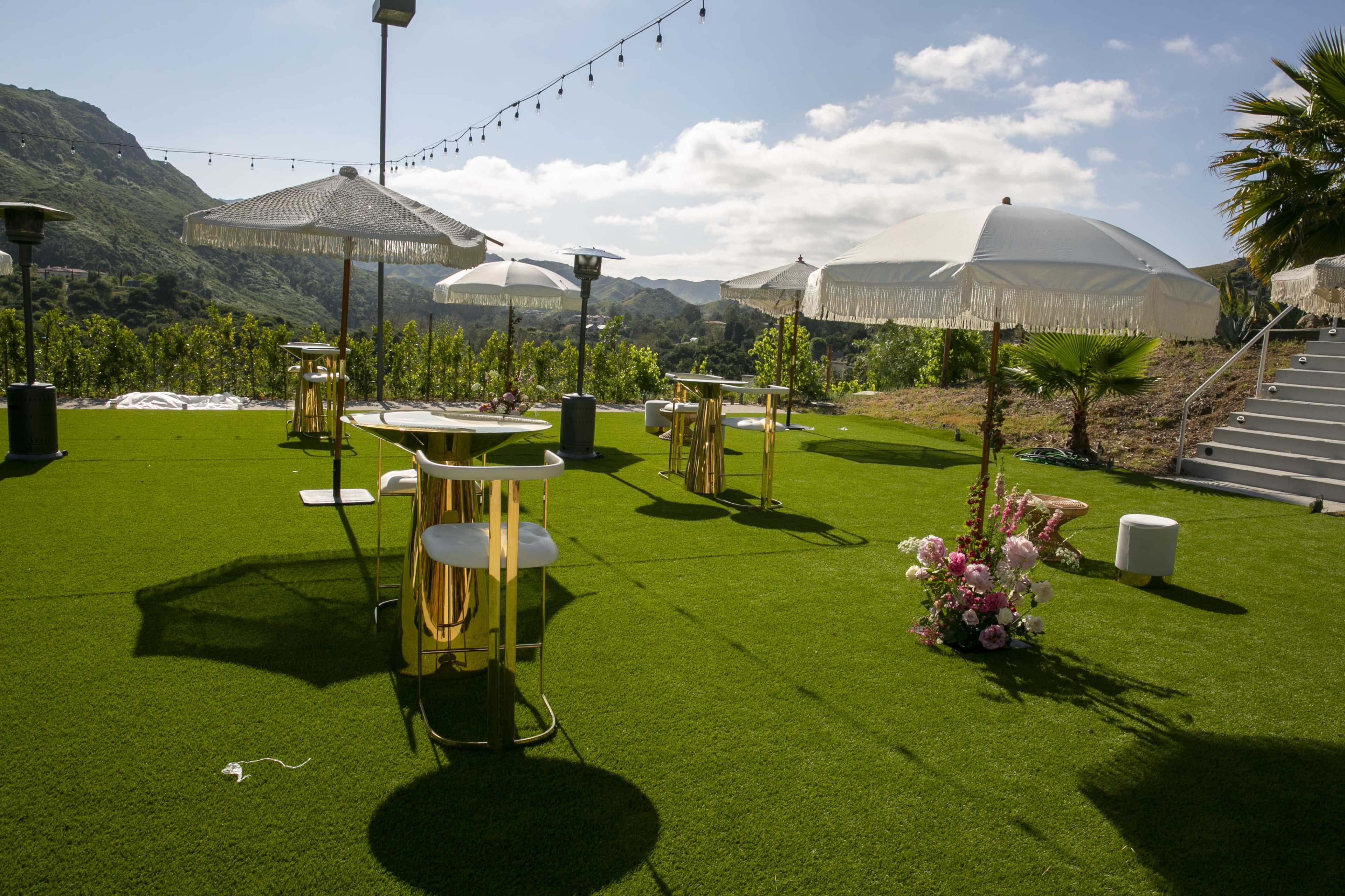 The scene shows a landscaped outdoor area with green artificial grass, tables and chairs under white umbrellas, and potted plants in the background.
