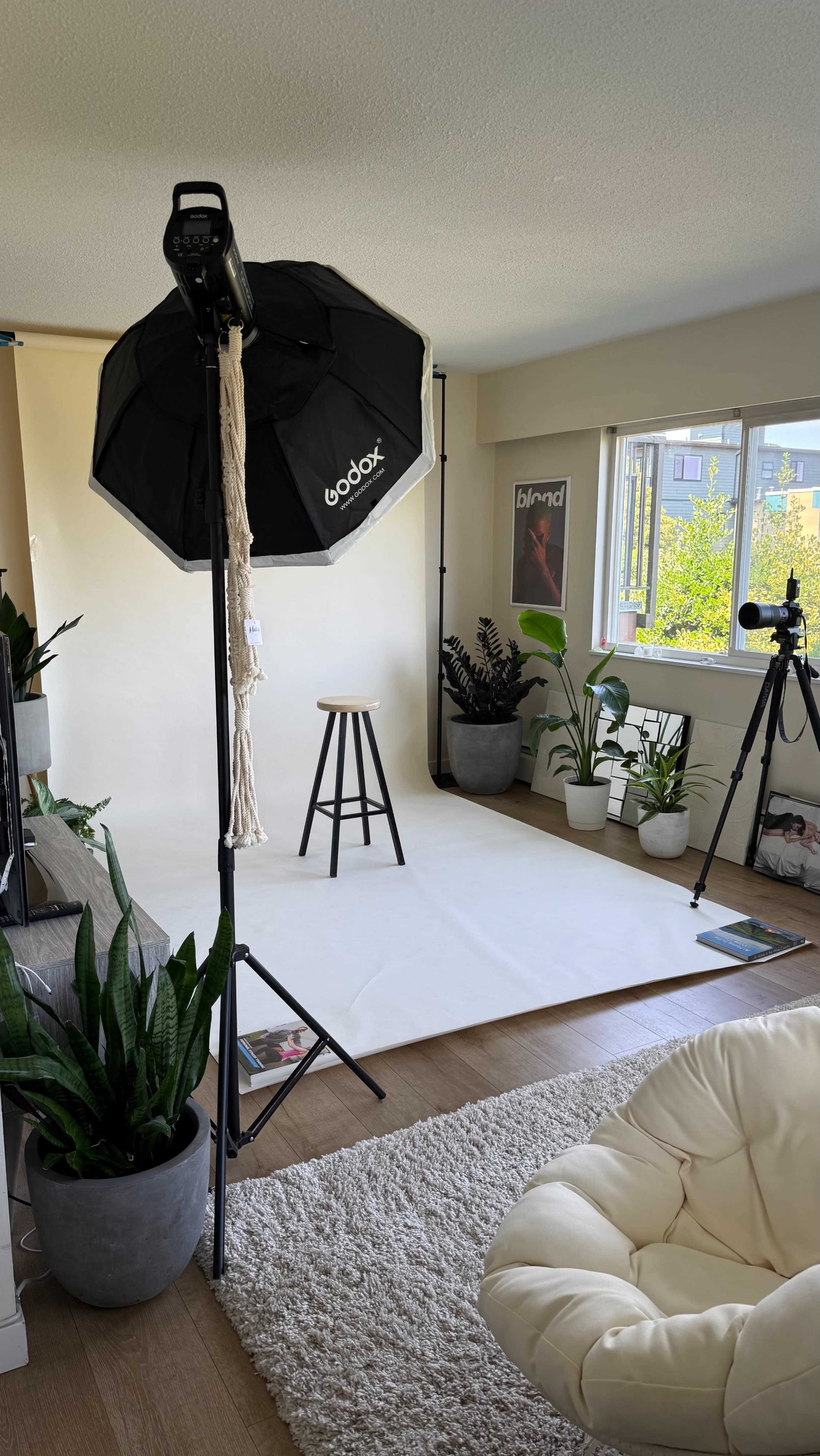 The image shows a photography setup in a bright room, featuring an umbrella light, a stool on a white backdrop, potted plants, and a camera on a tripod.