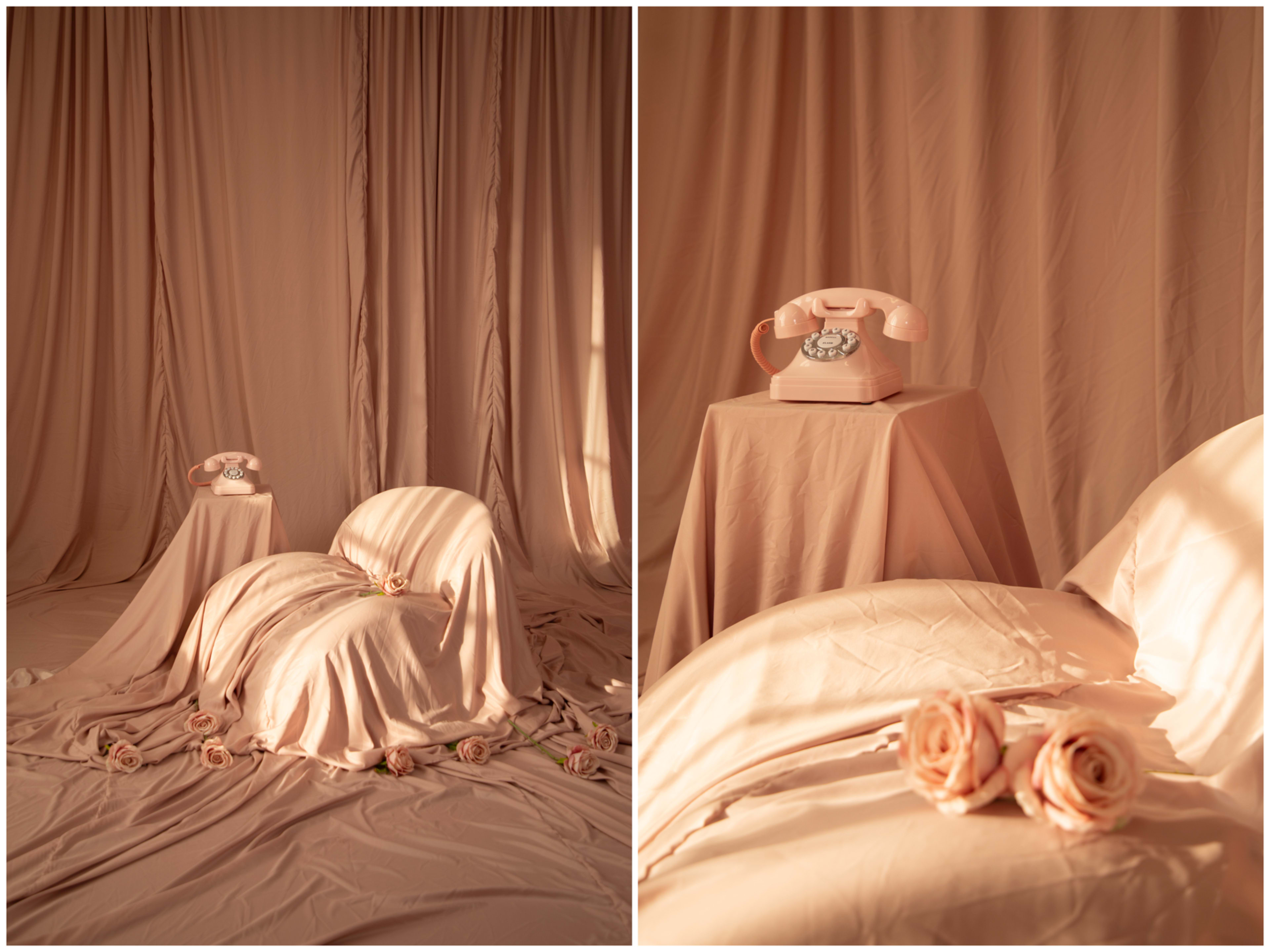 The scene features a softly draped room with a vintage pink telephone on a pedestal next to a curved, fabric-covered structure adorned with roses.