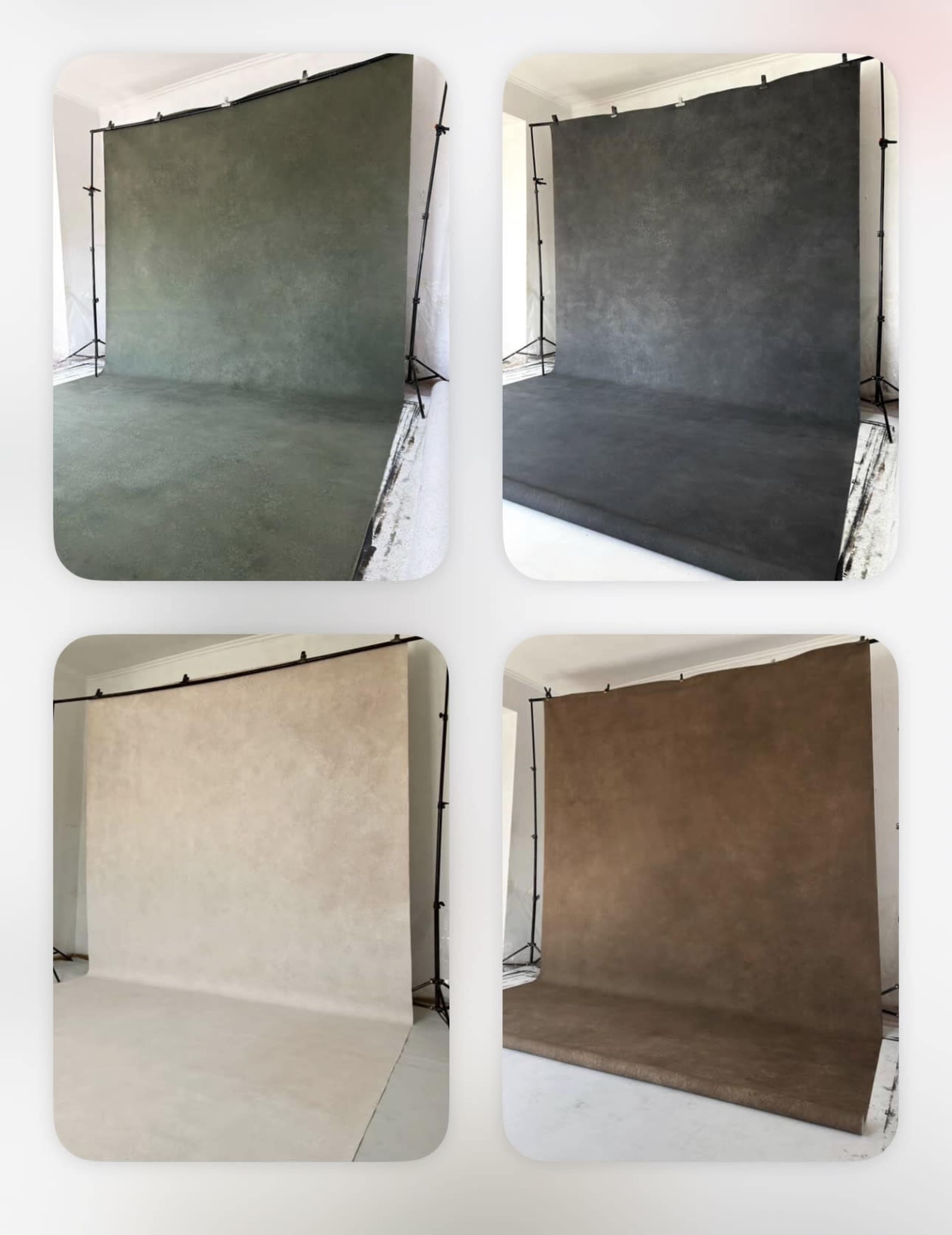 The image displays four different studio backdrops in various colors, including green, gray, beige, and brown, set against backgrounds with support stands.