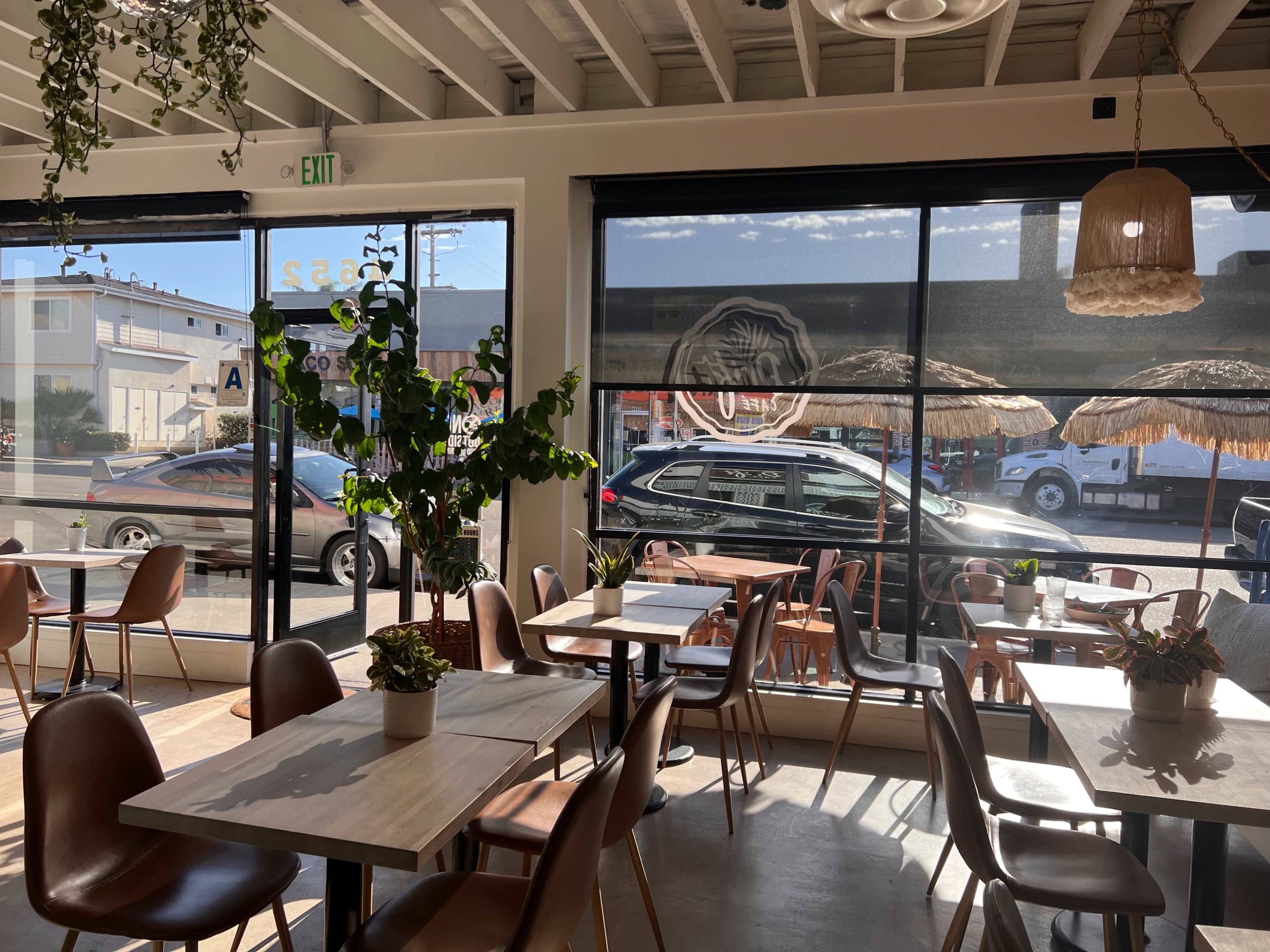 A bright café interior with wooden tables and chairs, large windows, and plants, overlooking a street with parked cars.