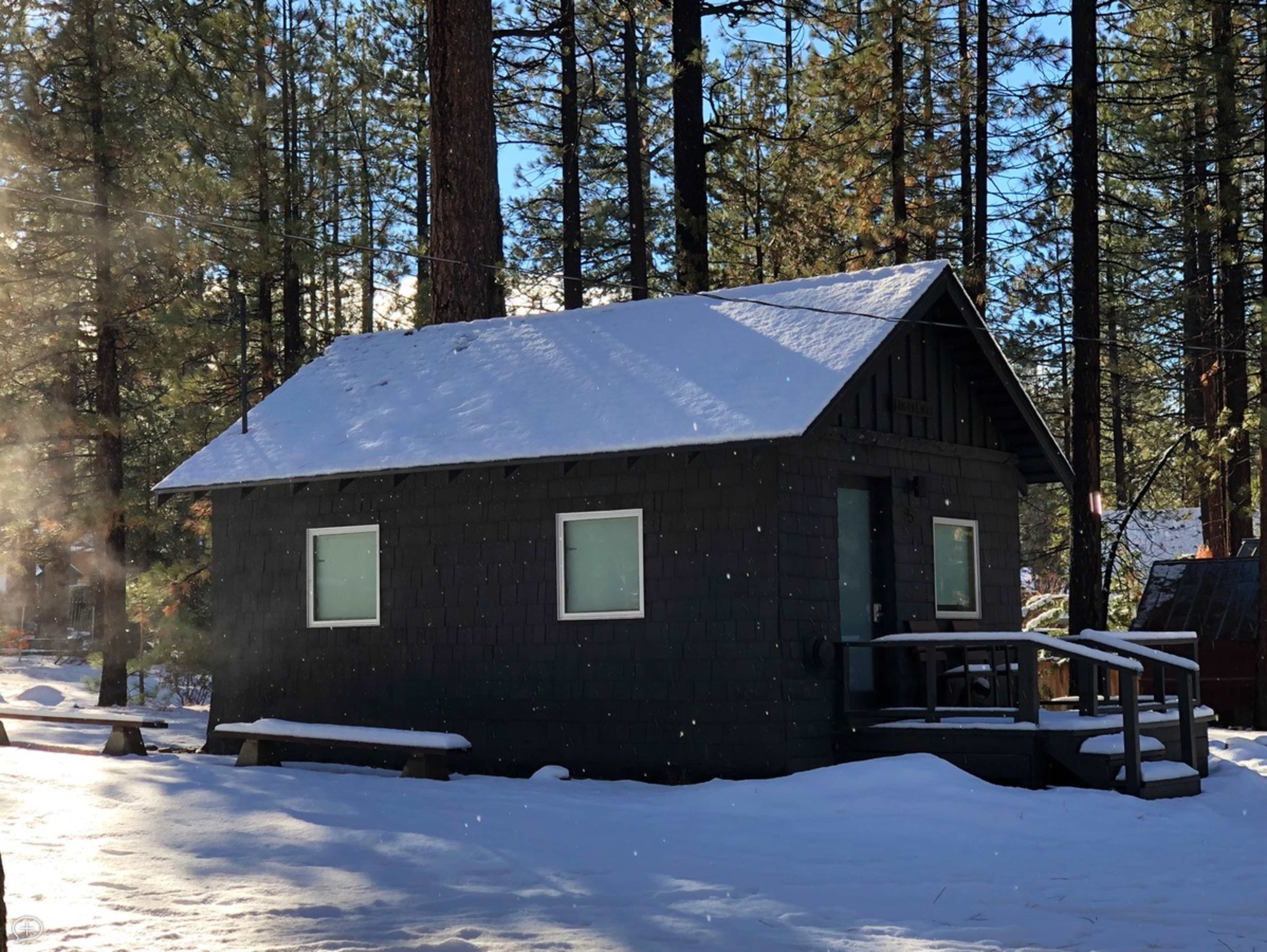 A small dark-colored cabin with a sloped roof is surrounded by snow and tall pine trees.