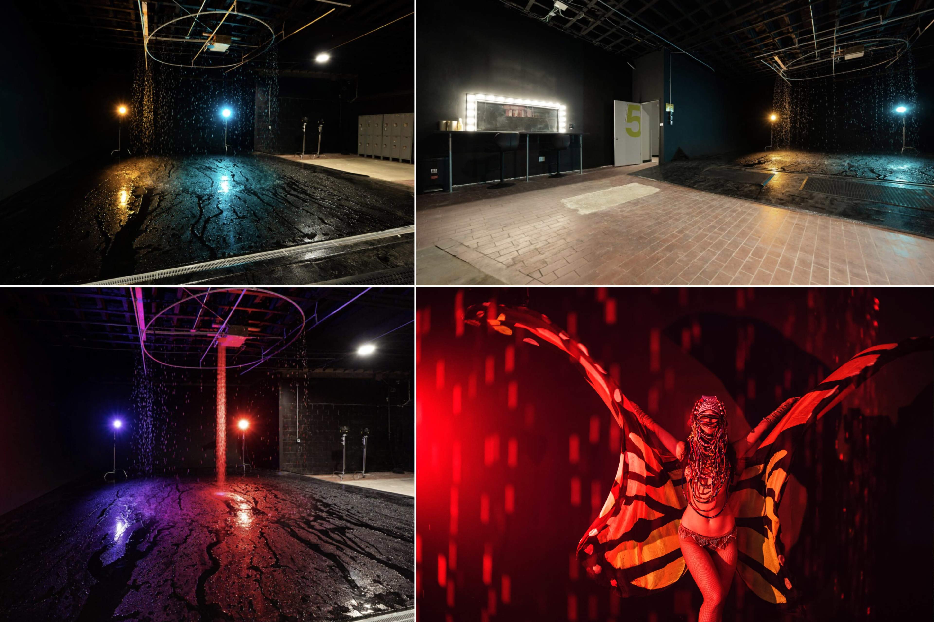 A series of four scenes showcasing an industrial space with various lighting setups, including a dark area with a reflective floor, a brightly lit section with mirrors, a stage-like area, and a performer in a striking pose with a flowing striped fabric.