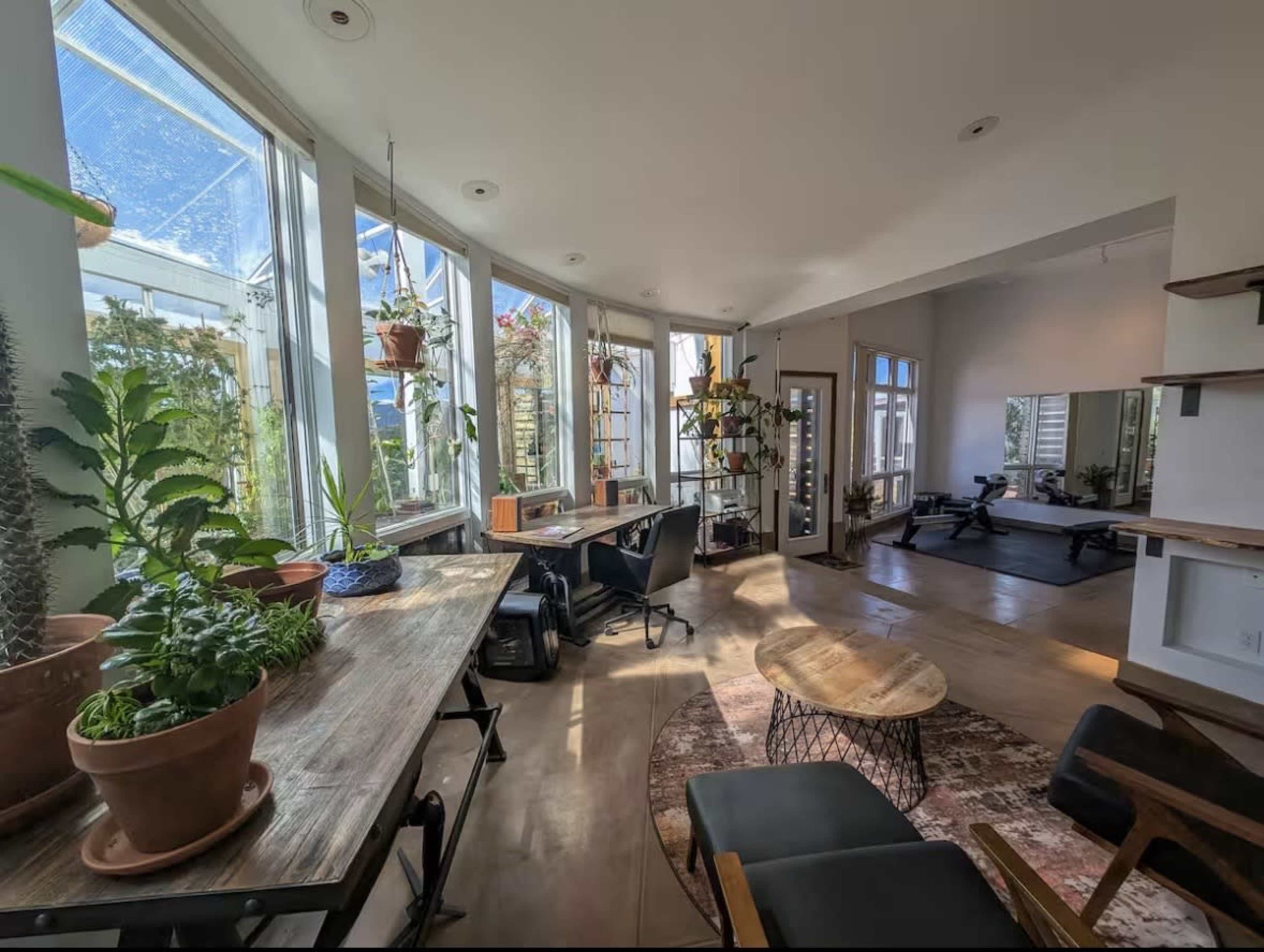 The image shows a bright, modern interior space with large windows, plants on tables, and a mix of furniture including a workspace and exercise area.