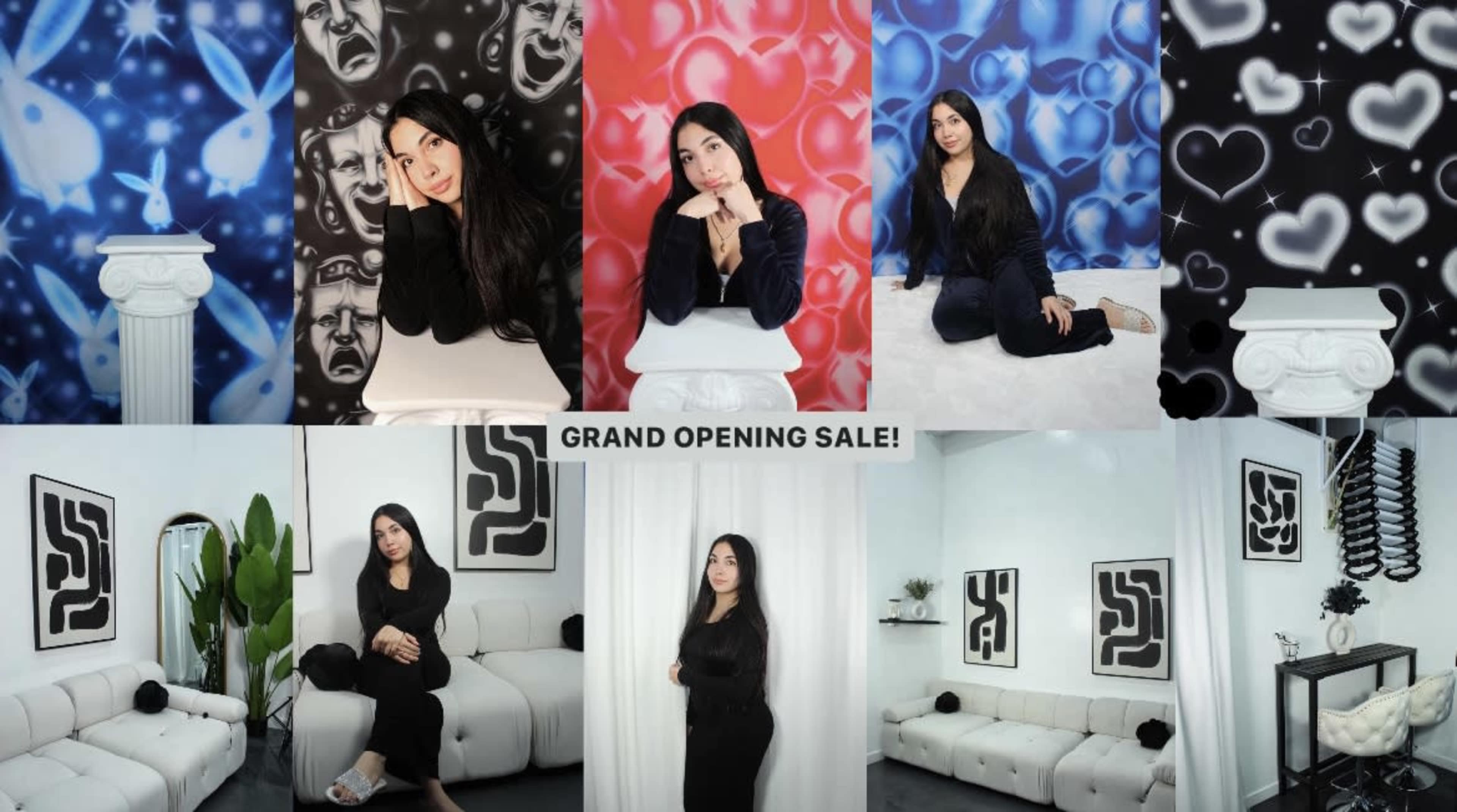 A woman poses in various settings featuring colorful, themed backdrops and modern furniture, promoting a grand opening sale.