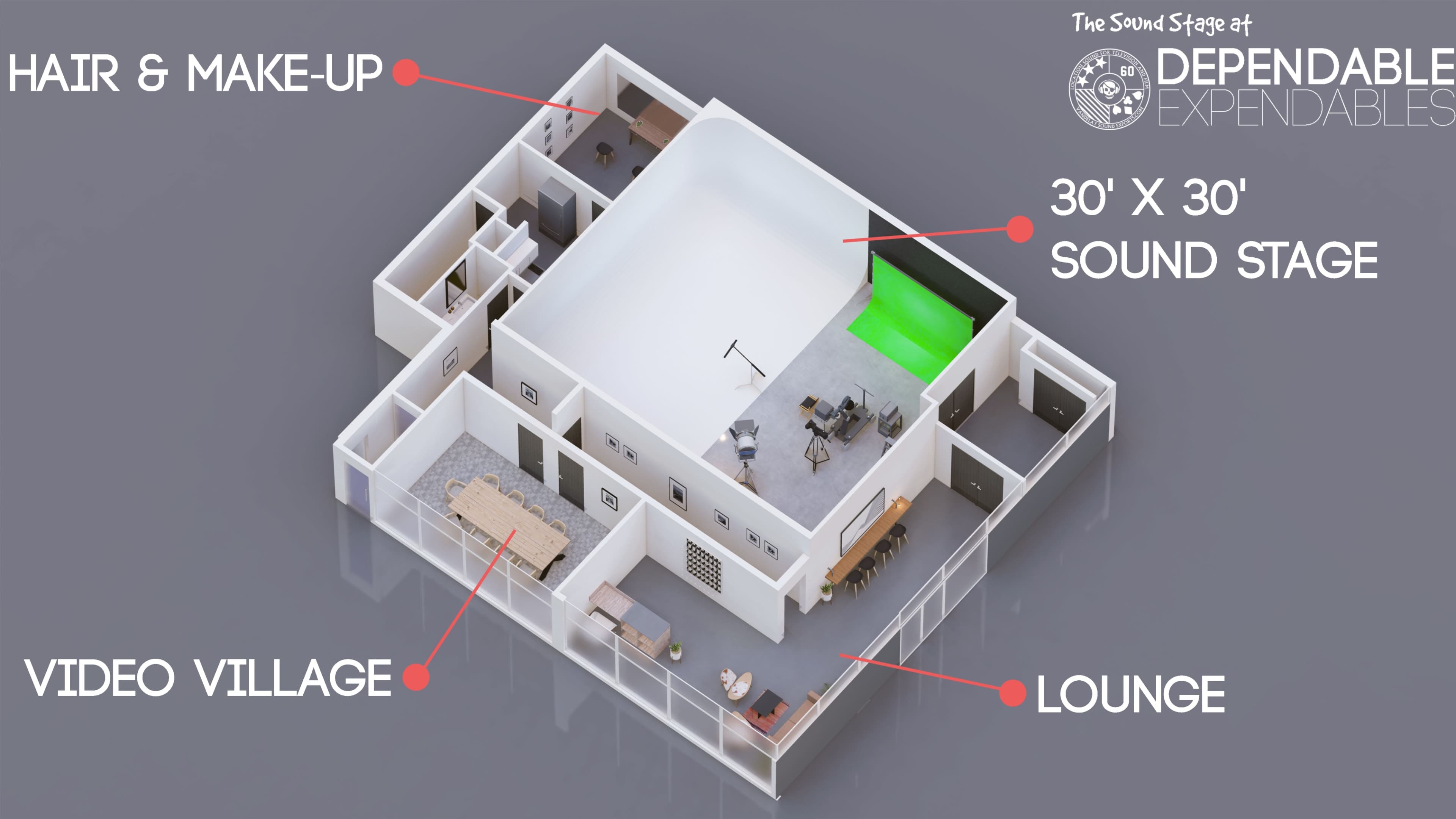 A layout of a sound stage with designated areas for hair and makeup, video village, lounge, and a 30' x 30' green screen space.