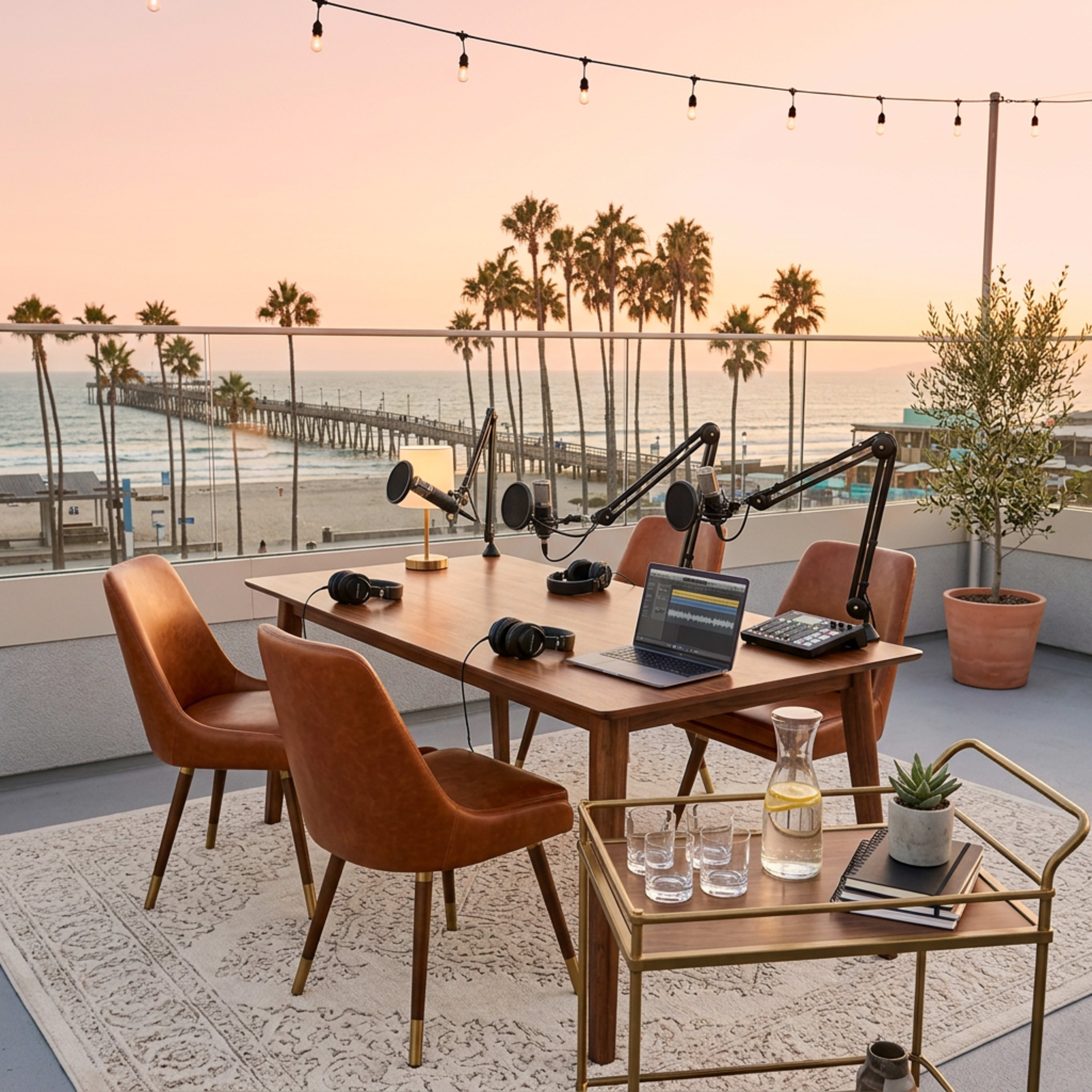A modern podcasting setup featuring a wooden table, four brown chairs, microphones on boom arms, and a laptop, with a beachfront view and palm trees in the background.