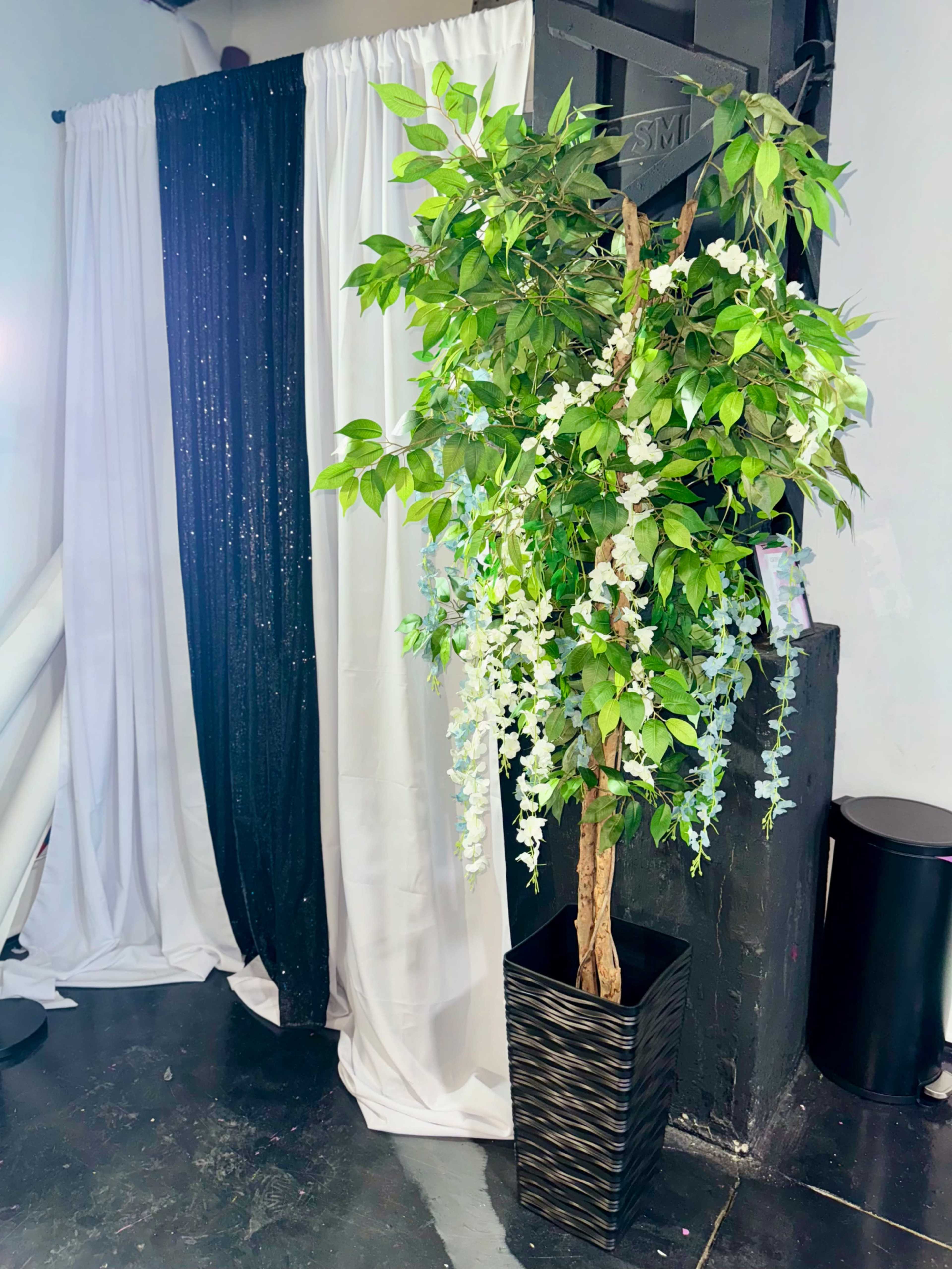 The image features a decorative artificial plant with white flowers in a black pot, positioned next to draped black and white curtains.