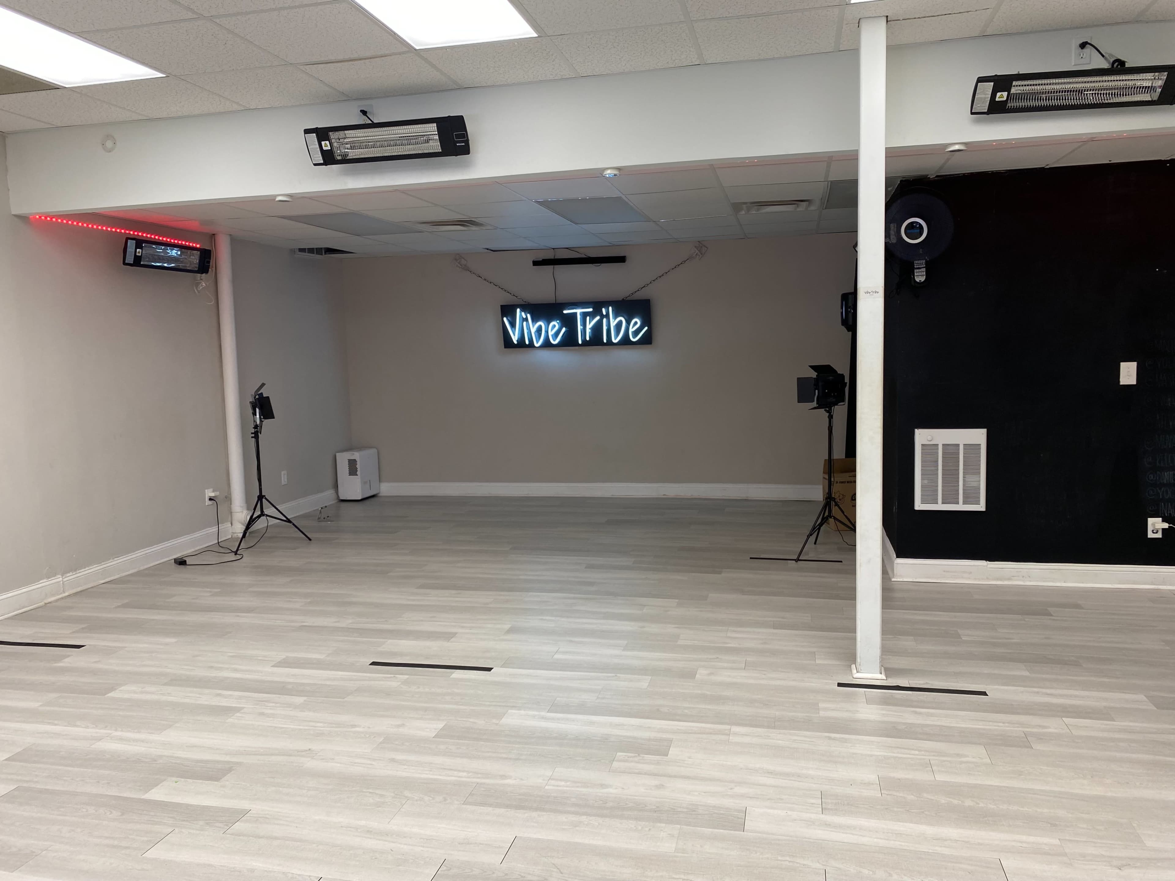 A spacious, empty room with light gray flooring and a neon sign that reads "Vibe Tribe" on the wall, along with several light fixtures and cameras set up for a possible video shoot.
