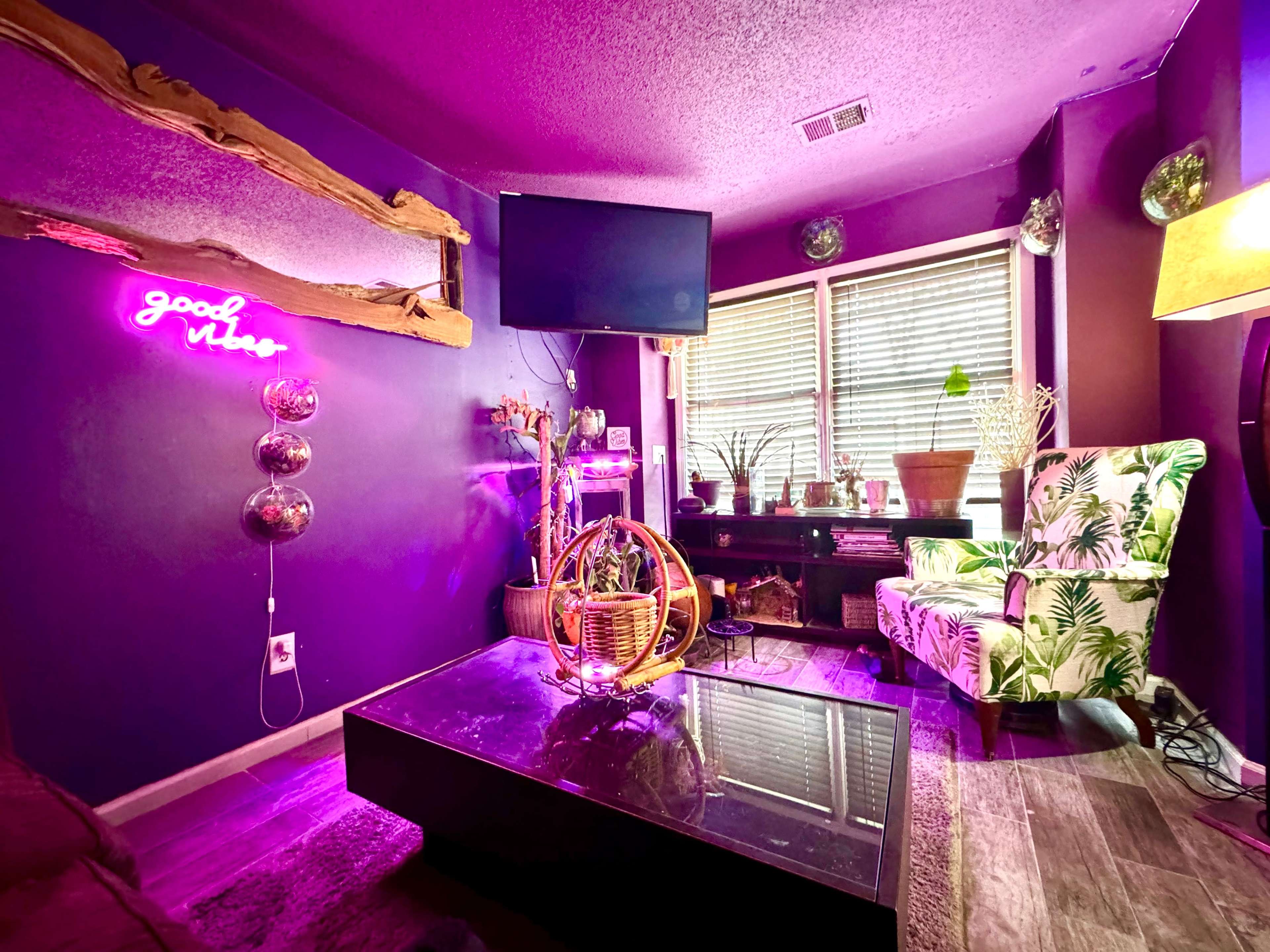 A cozy living room features purple walls, a neon sign, a glass coffee table, various houseplants, and a comfortable chair adorned with a tropical pattern.