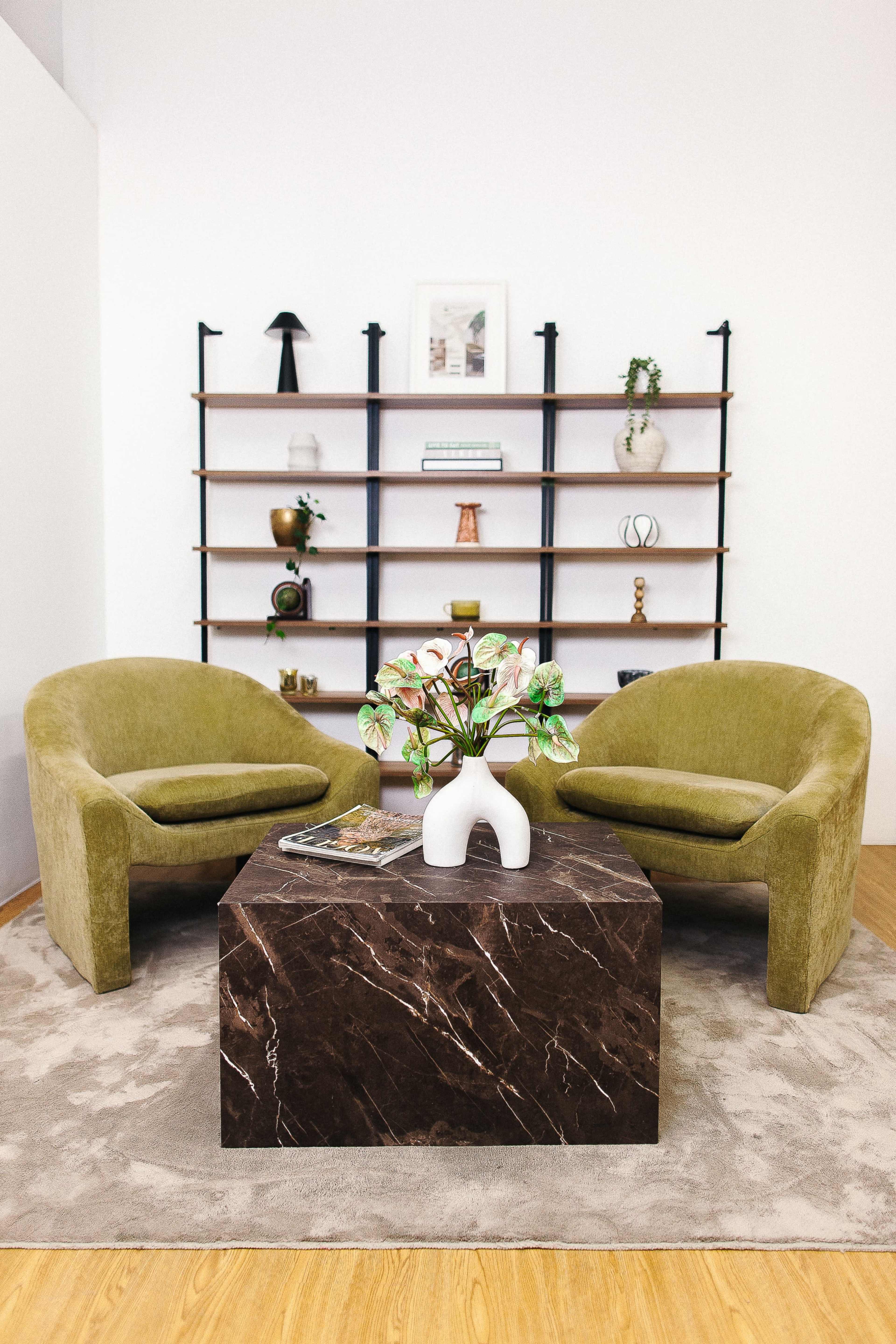 The image shows two green chairs positioned on a light rug in front of a dark marble coffee table, with a decorative plant and shelves of various decor items in the background.